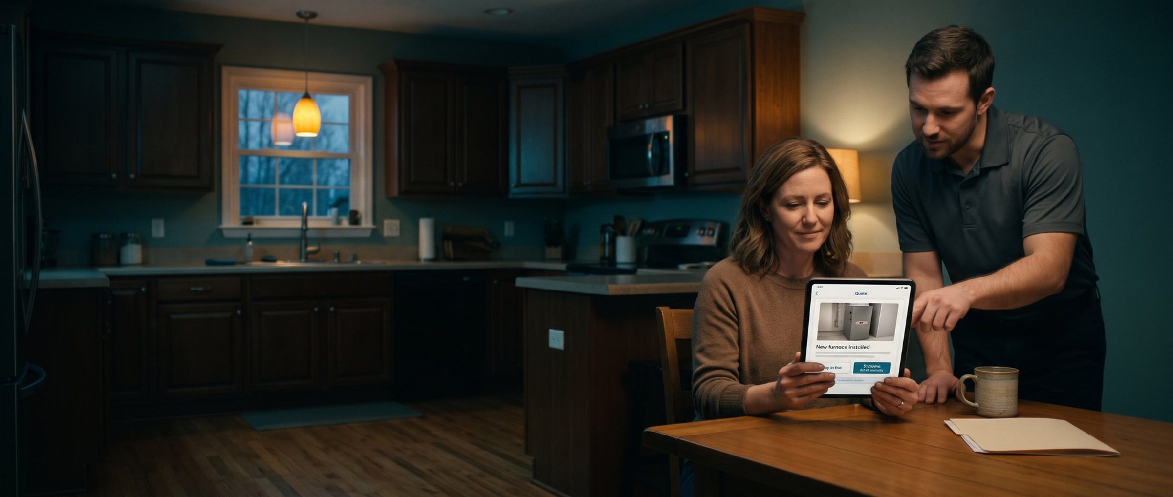 An HVAC comfort advisor in a gray work polo leans over a kitchen table in the evening and points to a tablet the homeowner is holding, which shows a new furnace quote with a pay-in-full option and a monthly payment option.