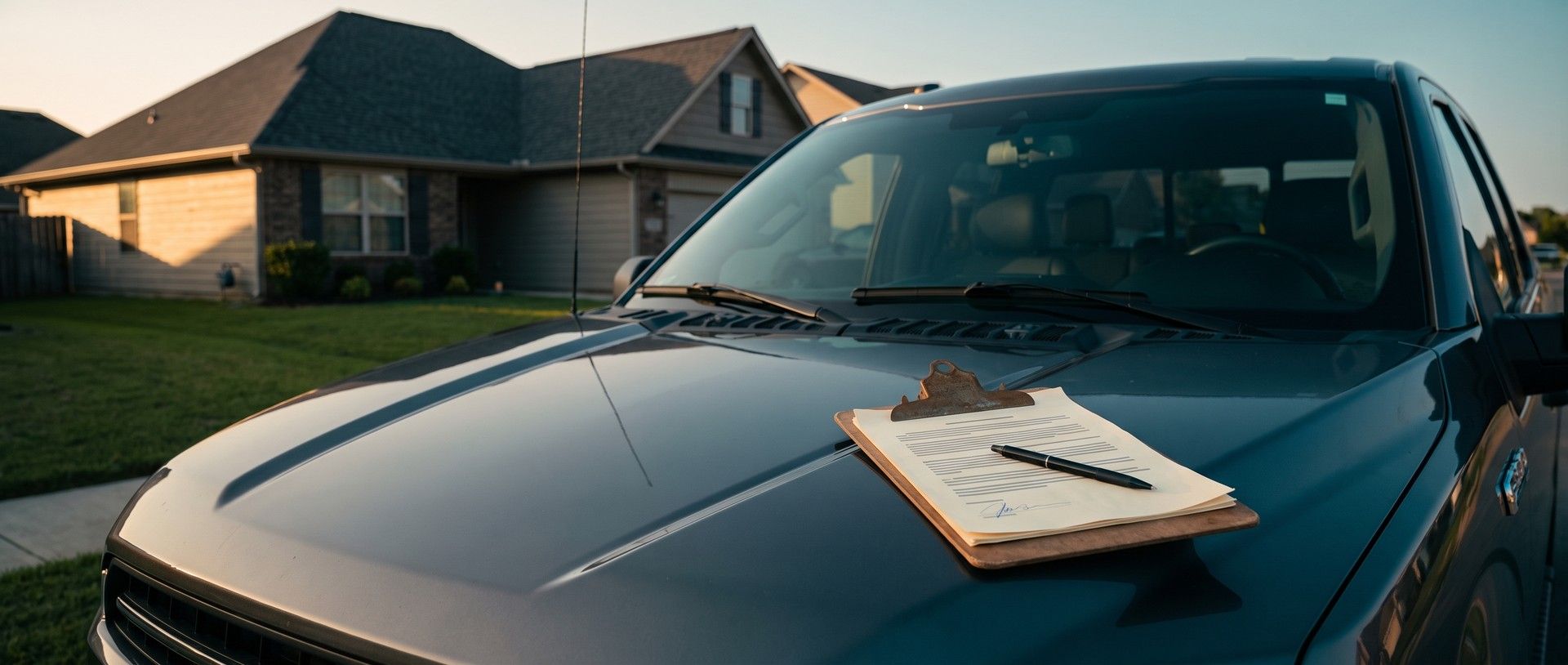 Golden hour at the curb: a clipboard with a signed contract and a pen rests on the hood of a dark work truck, and a house with a freshly finished charcoal roof sits softly behind it