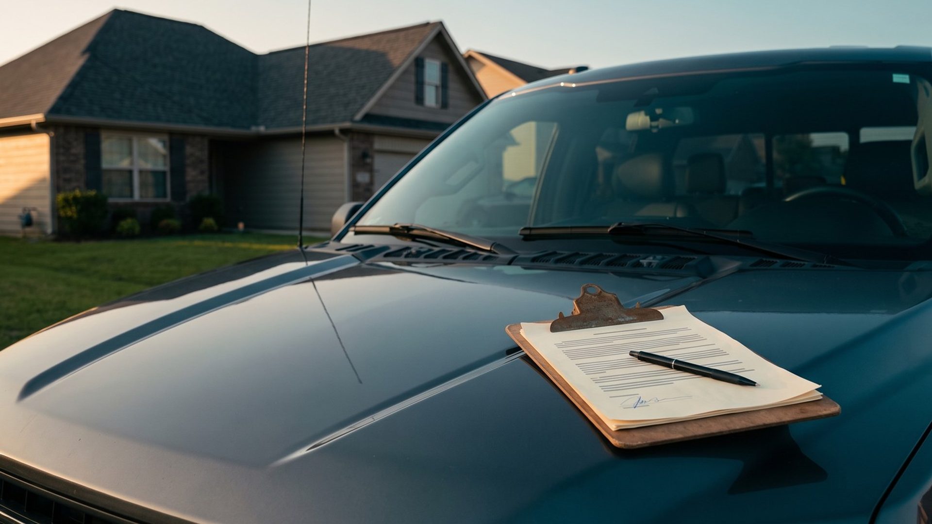 Golden hour at the curb: a clipboard with a signed contract and a pen rests on the hood of a dark work truck, and a house with a freshly finished charcoal roof sits softly behind it