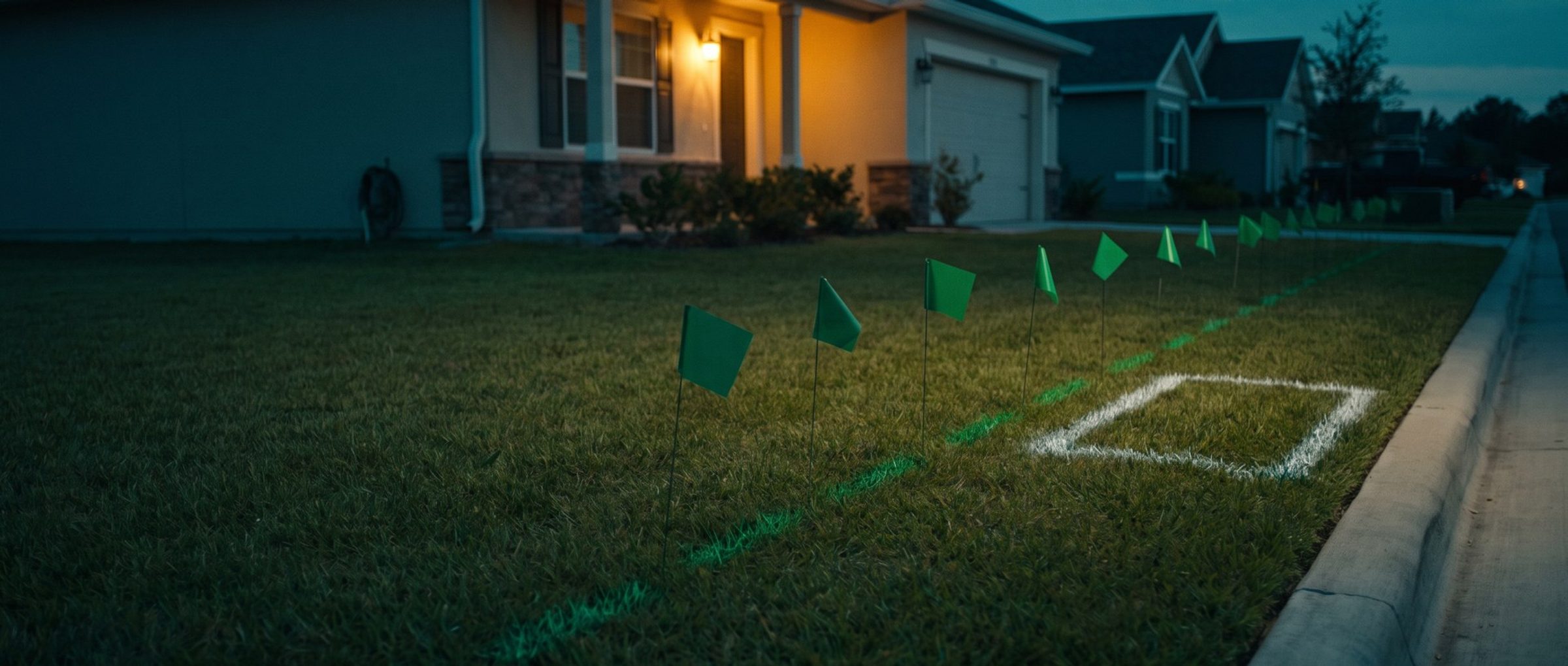 A suburban front lawn at dusk with a line of green marking flags and green paint dashes tracing a buried sewer line, and a white painted outline on the grass near the curb where digging will start