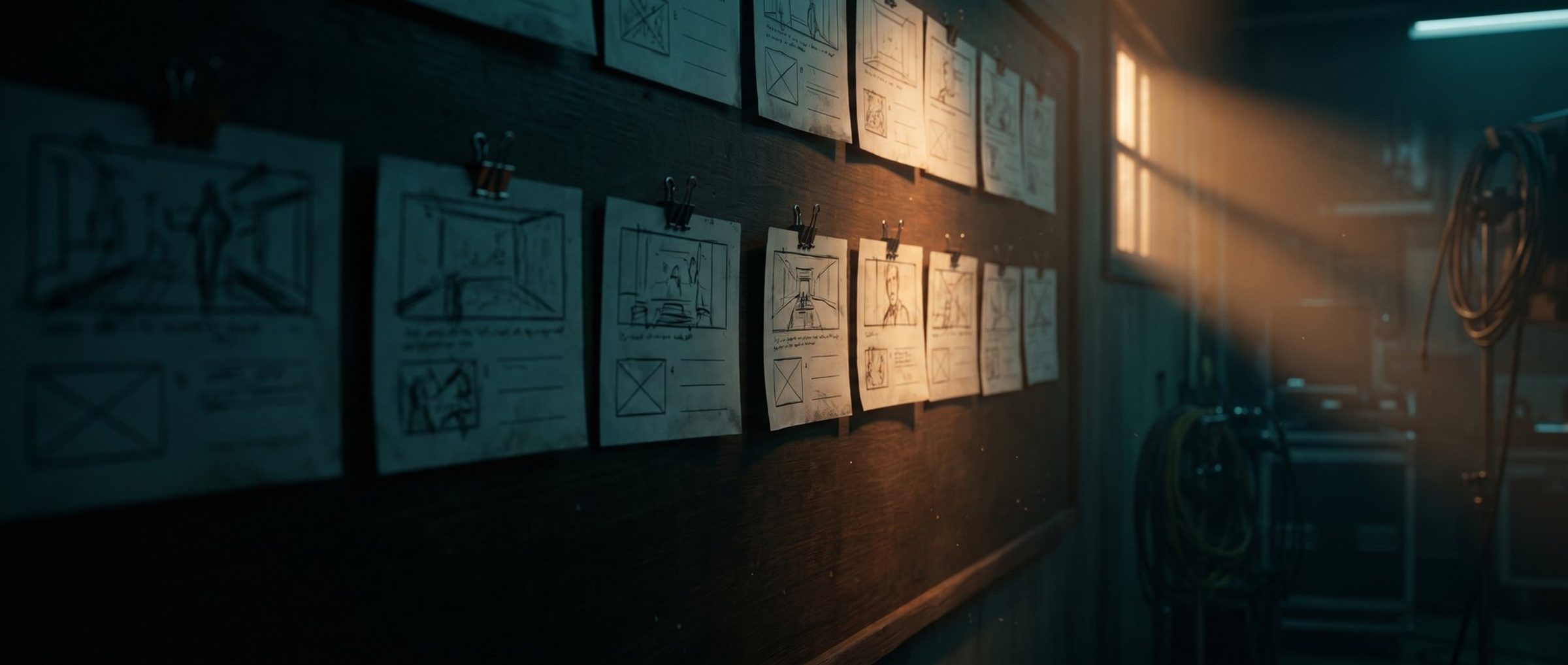 Rows of hand-drawn storyboard panels pinned along a dark studio wall, lit by warm amber light from a window on the right.