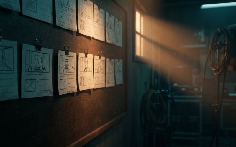 Rows of hand-drawn storyboard panels pinned along a dark studio wall, lit by warm amber light from a window on the right.