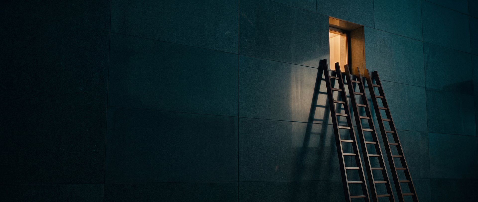Three ladders leaning against the same single lit window in a dark wall