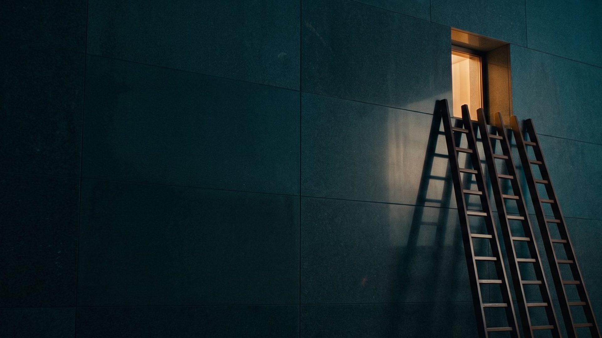 Three ladders leaning against the same single lit window in a dark wall