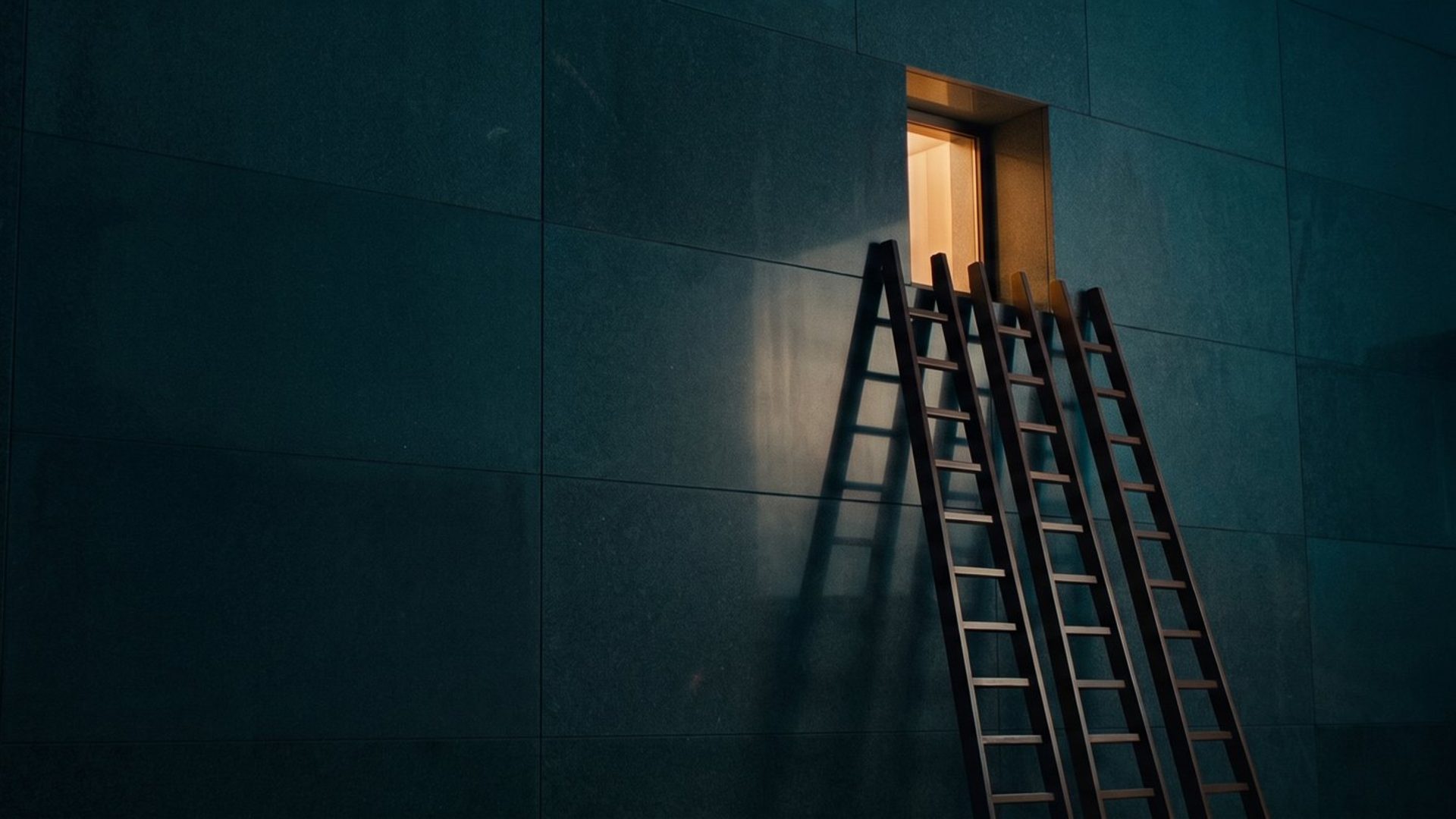 Three ladders leaning against the same single lit window in a dark wall