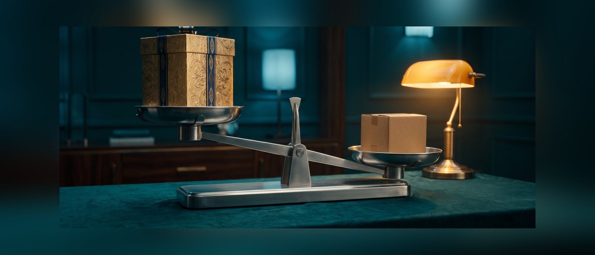 A balance scale tipped so a small plain carton outweighs a large gilded gift box