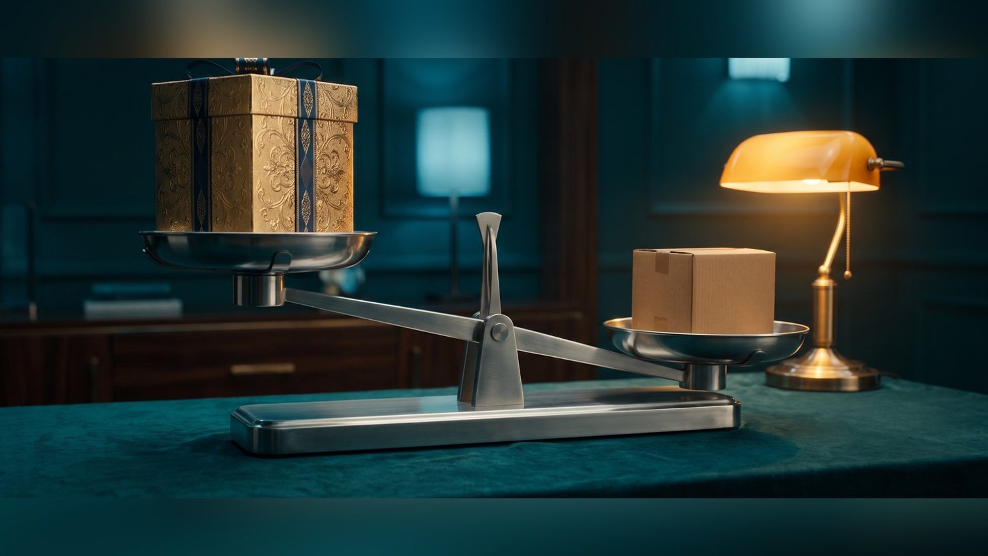 A balance scale tipped so a small plain carton outweighs a large gilded gift box