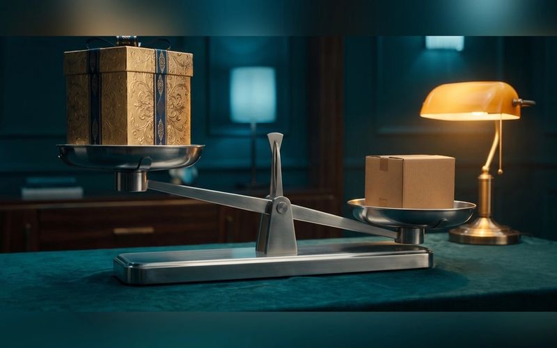 A balance scale tipped so a small plain carton outweighs a large gilded gift box