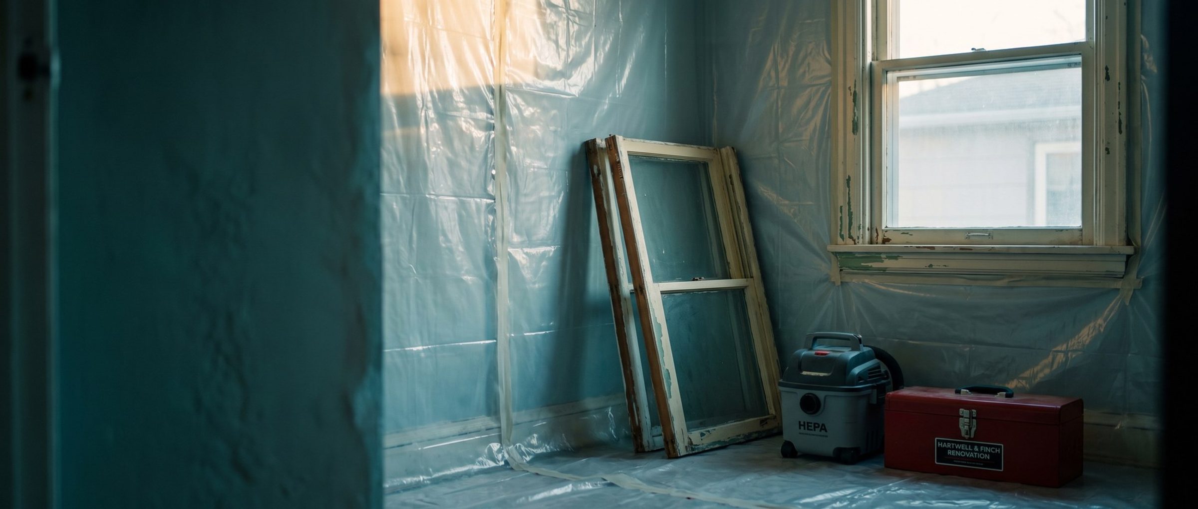 A 1950s bedroom sealed in clear plastic sheeting for a lead-safe renovation, with an old window sash showing chipped layers of paint, a HEPA vacuum and a red toolbox by the window