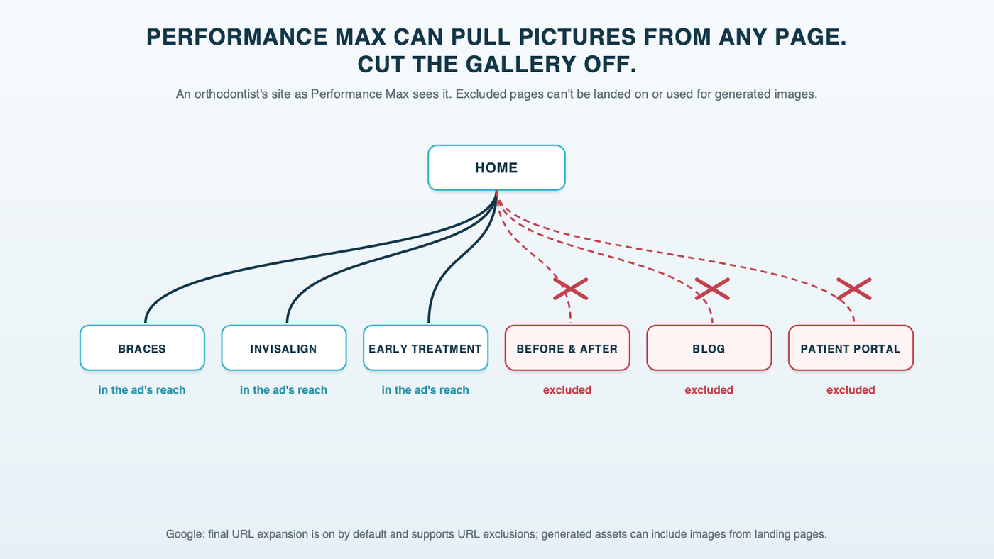A site map of an orthodontist's website, home branching to braces, Invisalign and early treatment pages left in reach, and to a before-and-after gallery, a blog and a patient portal cut off and marked excluded so Performance Max can't pull pictures from them or send visitors there