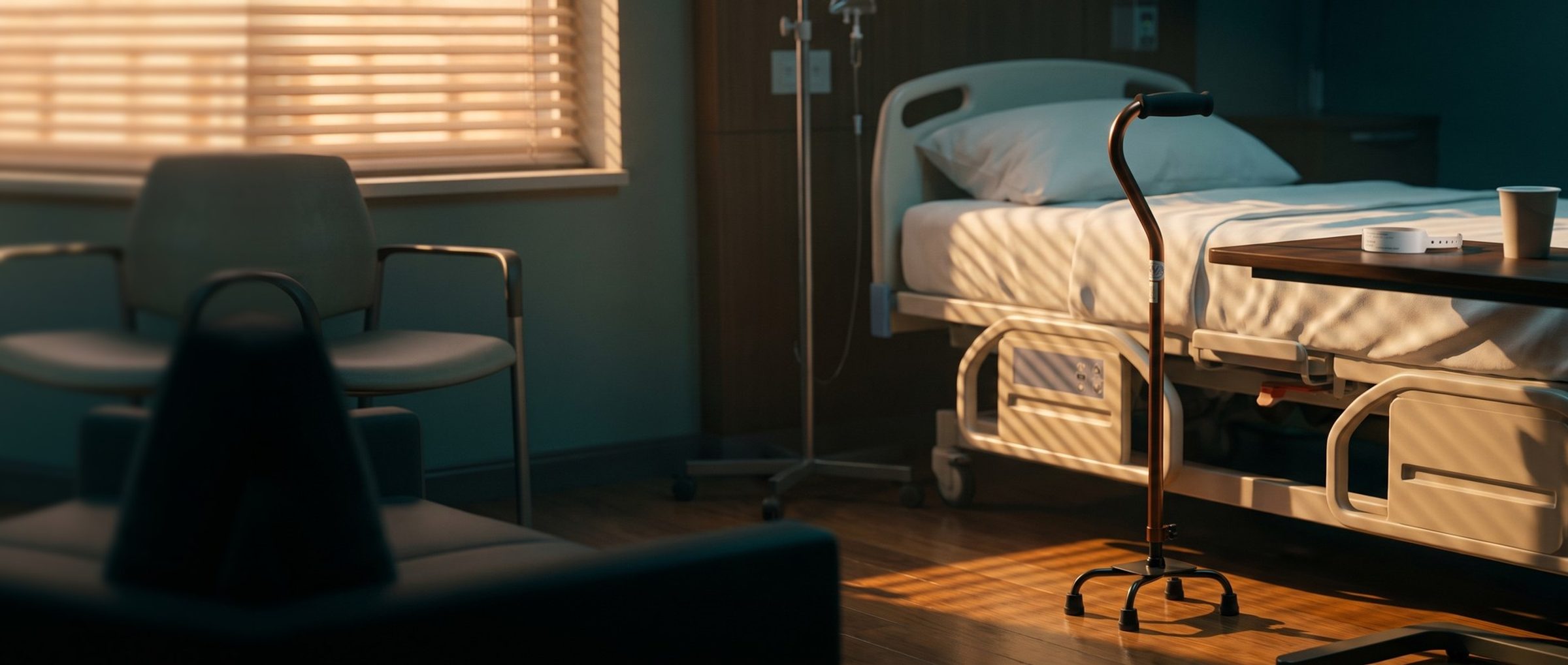 A quad cane standing beside a hospital bed in late-afternoon light, slatted sun across the sheets, with a patient ID wristband and a paper cup on the bedside tray table