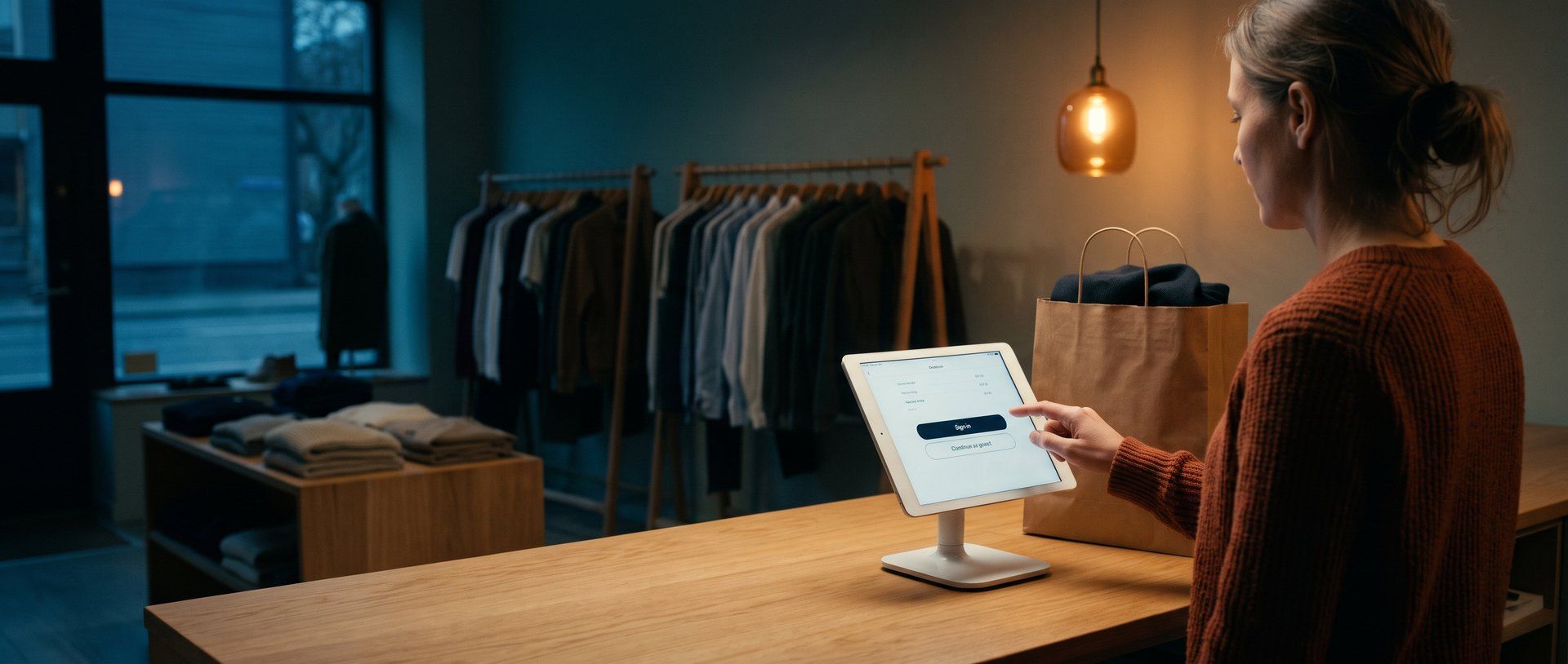 A boutique owner in a rust sweater stands at her shop counter at dusk and taps a checkout tablet showing two buttons, Sign in and Continue as guest, with a filled paper shopping bag beside it and clothing racks behind.
