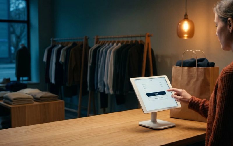 A boutique owner in a rust sweater stands at her shop counter at dusk and taps a checkout tablet showing two buttons, Sign in and Continue as guest, with a filled paper shopping bag beside it and clothing racks behind.