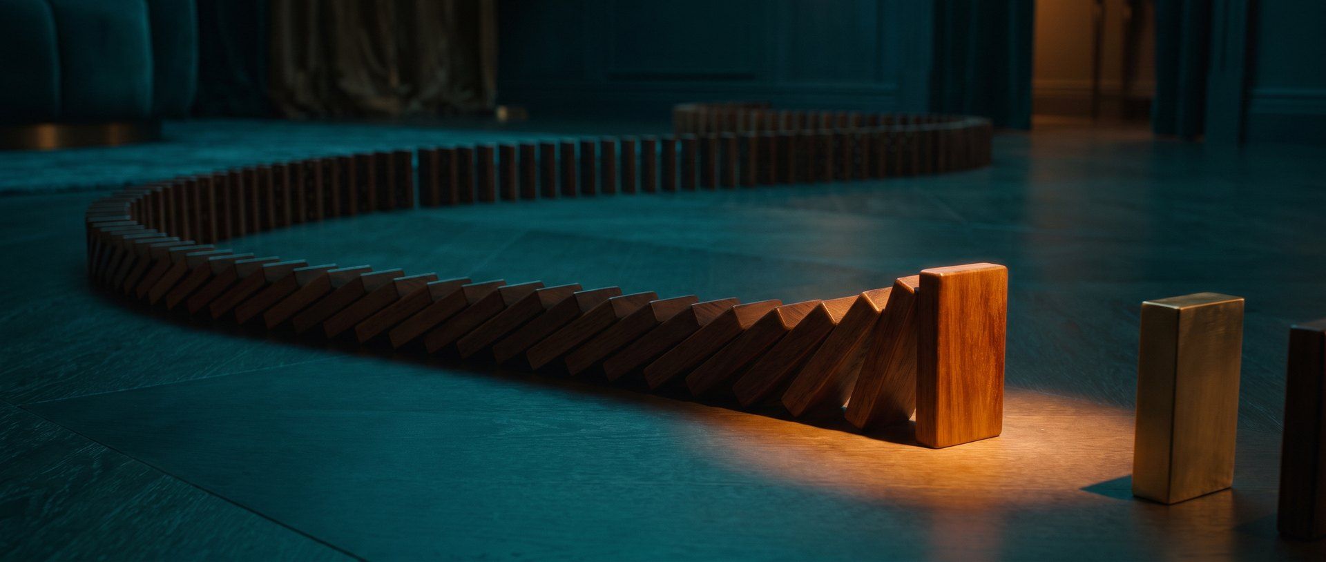 A long chain of dominoes toppled left to right but halted one tile short of the end, the final tile still standing under warm amber light - a checkout that runs almost to completion, then stops.