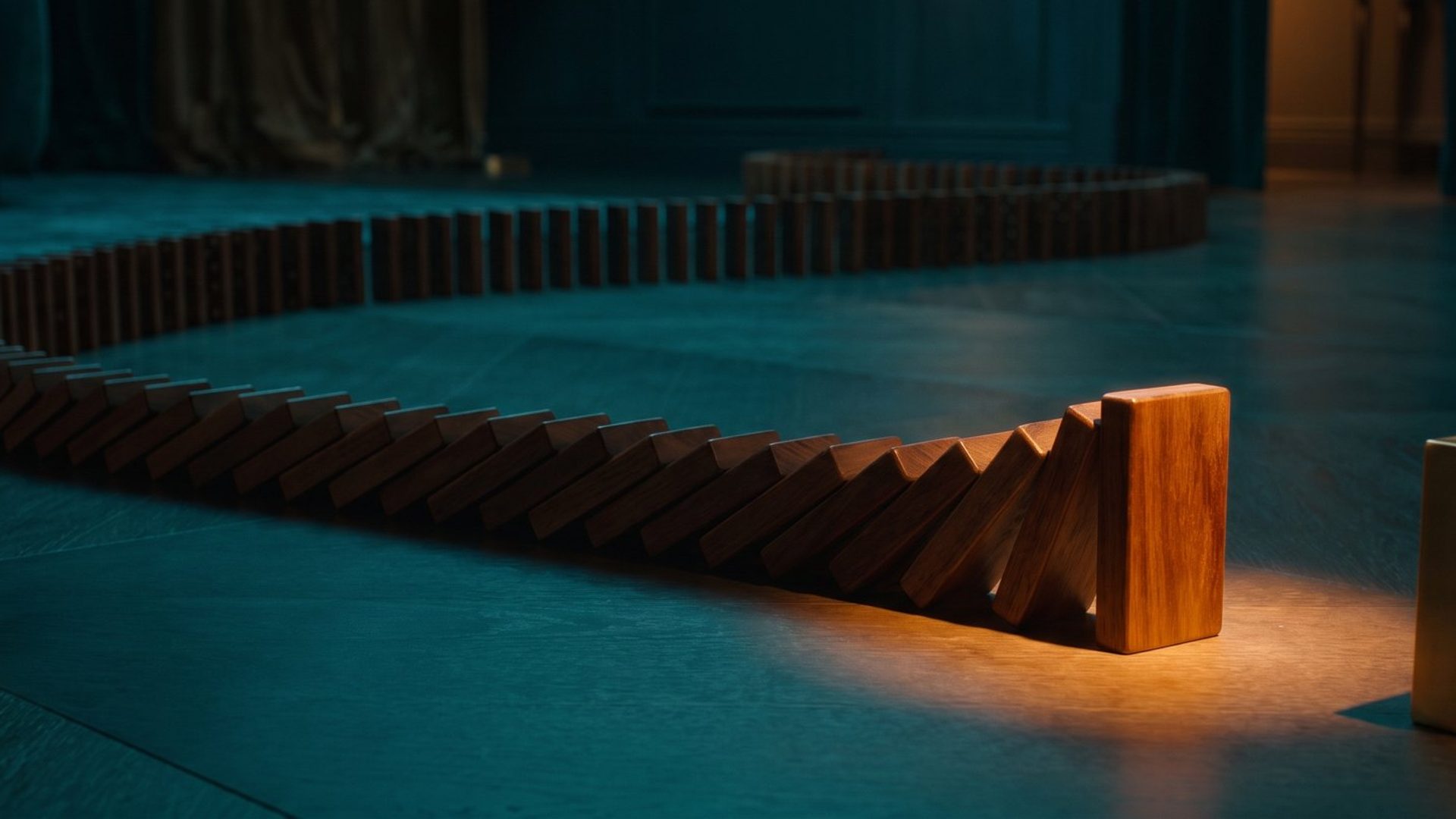 A long chain of dominoes toppled left to right but halted one tile short of the end, the final tile still standing under warm amber light - a checkout that runs almost to completion, then stops.