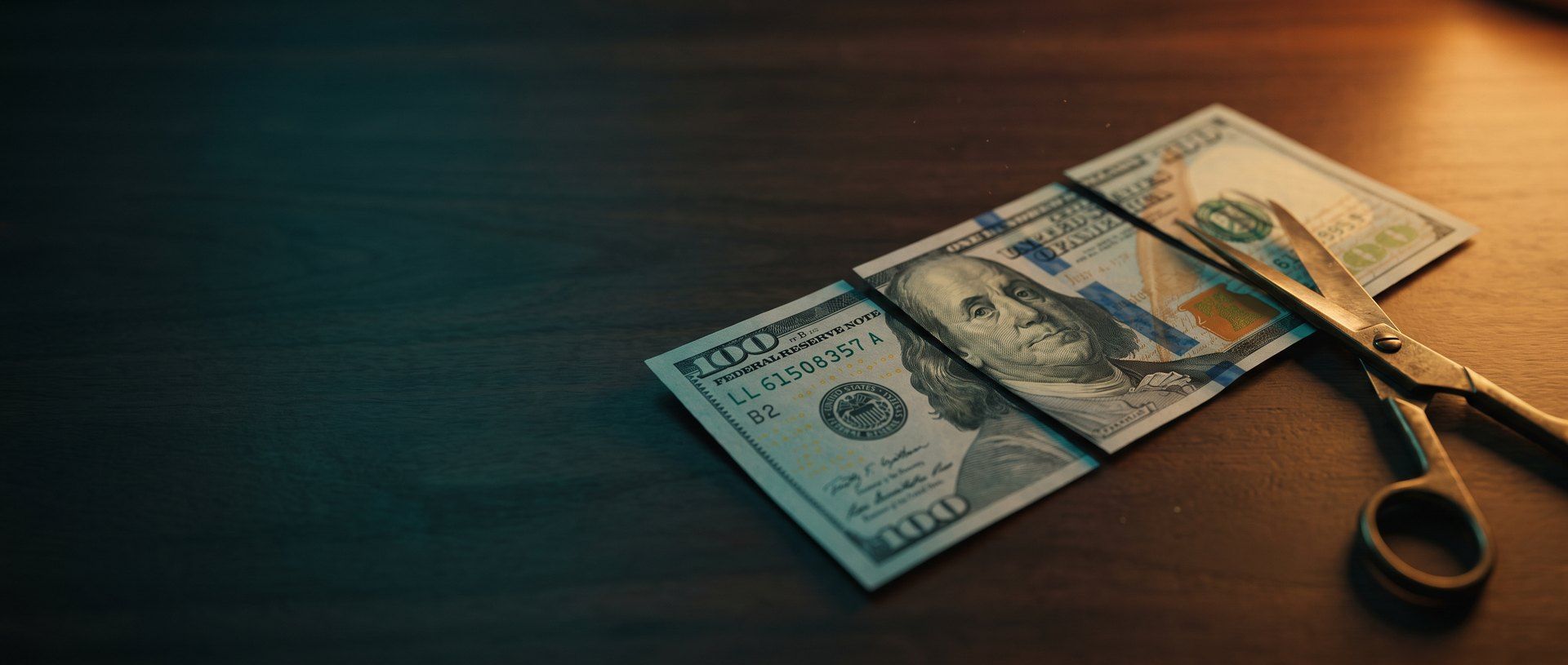 A US hundred-dollar bill cut with scissors into three unequal strips on a dark wooden desk, lit by warm amber light, the brass scissors resting beside it