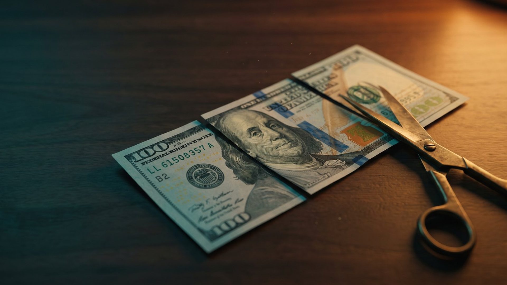 A US hundred-dollar bill cut with scissors into three unequal strips on a dark wooden desk, lit by warm amber light, the brass scissors resting beside it