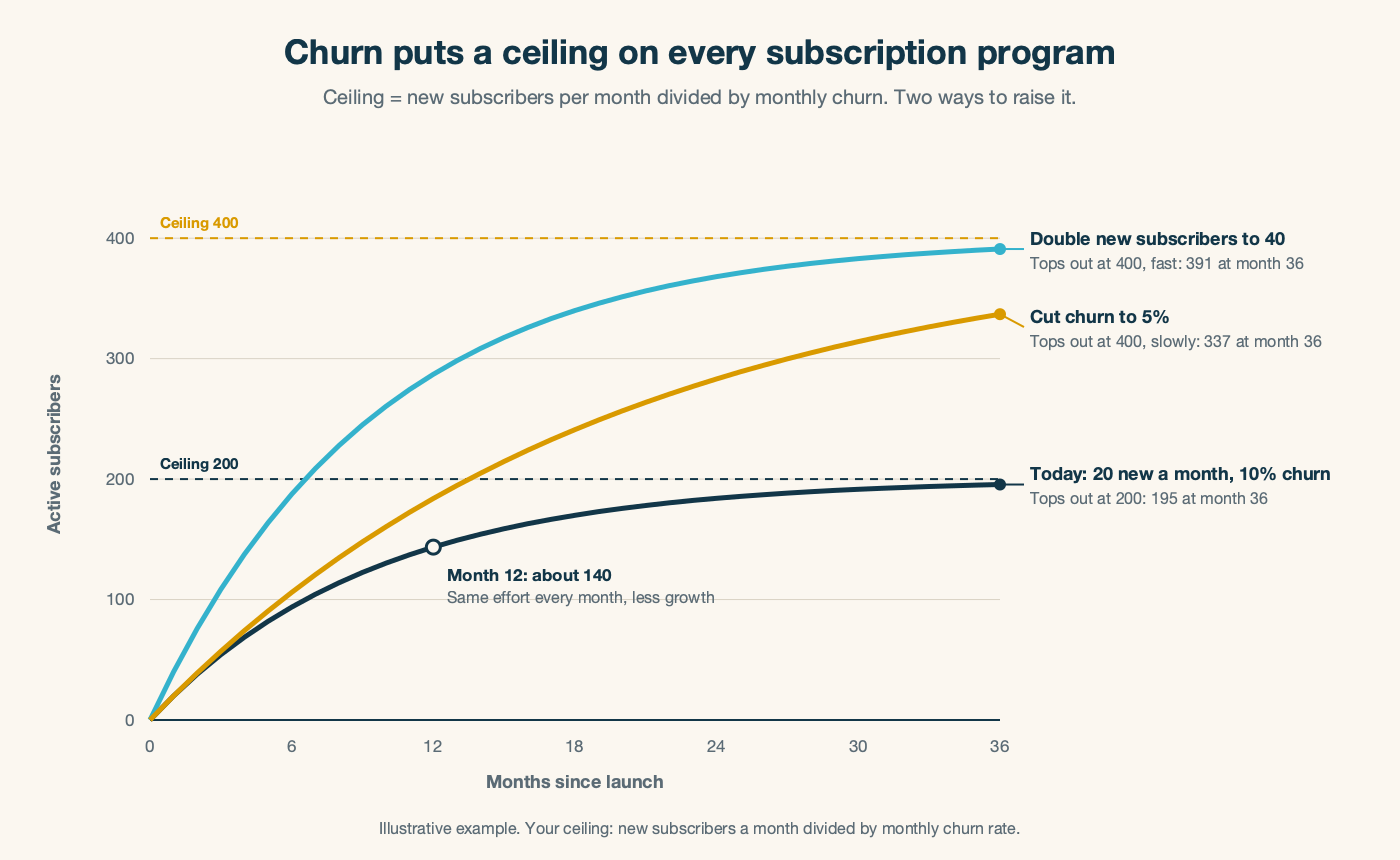 Chart showing a subscriber count rising quickly and then flattening toward a ceiling of 200, with two alternative curves: cutting churn to 5 percent raises the ceiling to 400, and doubling new subscribers to 40 a month also raises it to 400.