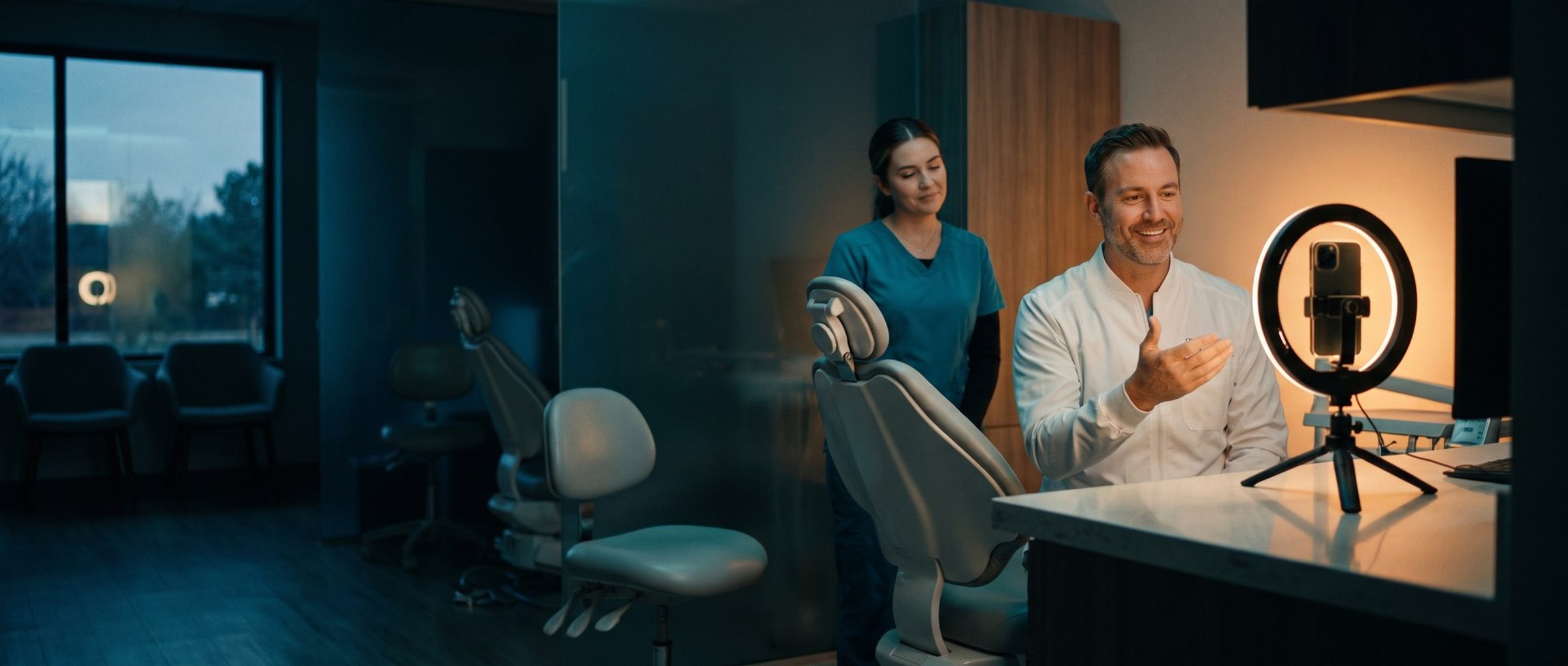 An orthodontist in a white clinical jacket talking to a phone on a small tripod with a ring light beside a treatment chair, a treatment coordinator in teal scrubs watching, filming the practice its own video