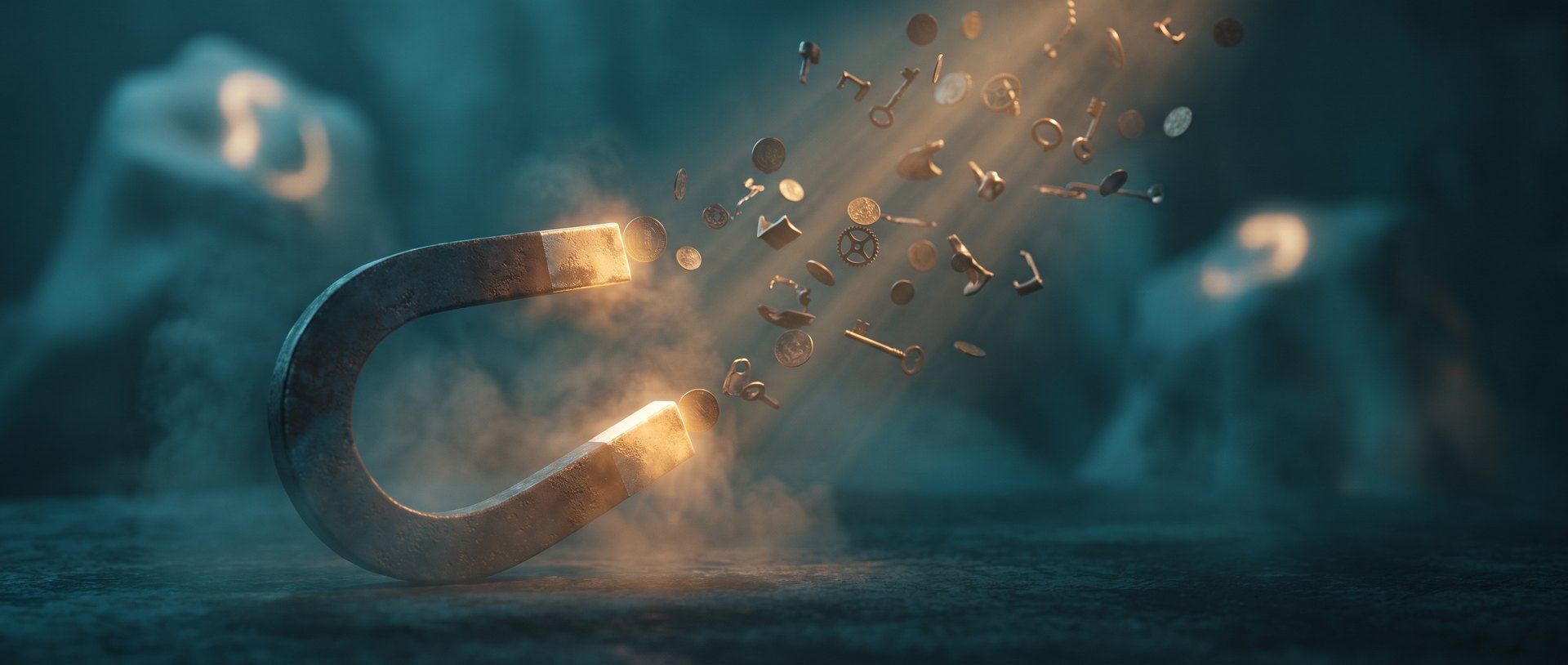 A large horseshoe magnet pulling a stream of small golden objects toward it through the dark