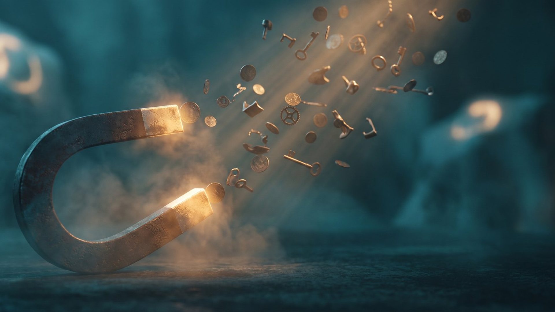 A large horseshoe magnet pulling a stream of small golden objects toward it through the dark