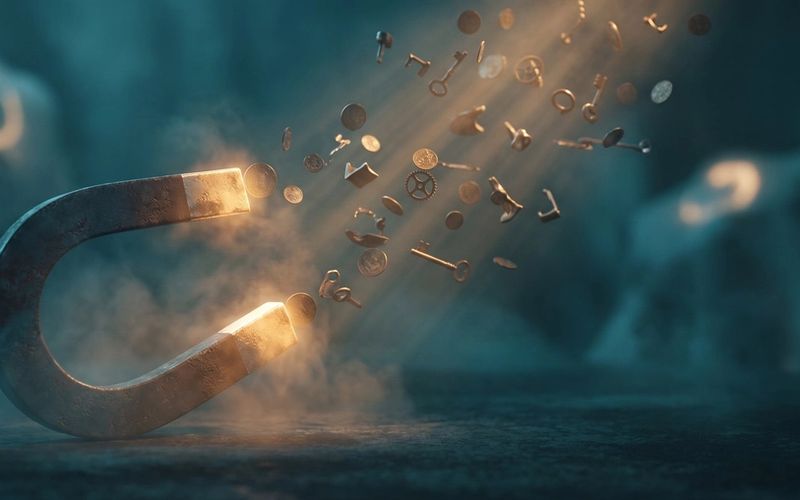 A large horseshoe magnet pulling a stream of small golden objects toward it through the dark