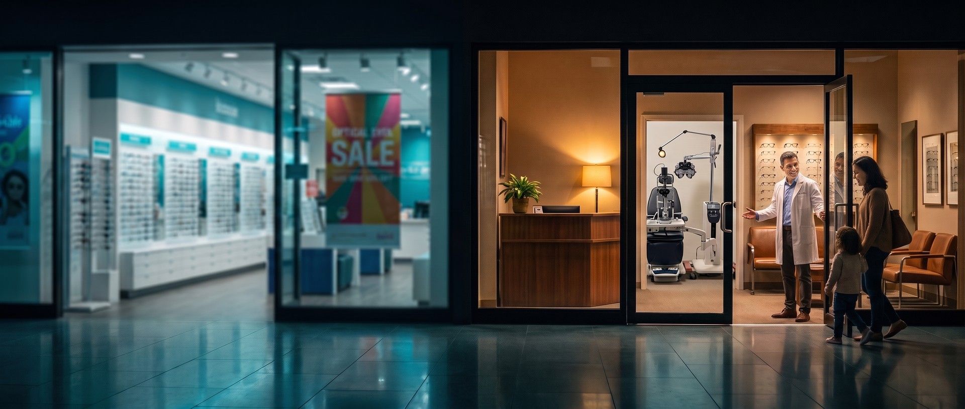An optometrist in a white coat welcomes a mother and child into a warm independent eye care office in a shopping center, across from a bright optical chain store with a sale banner