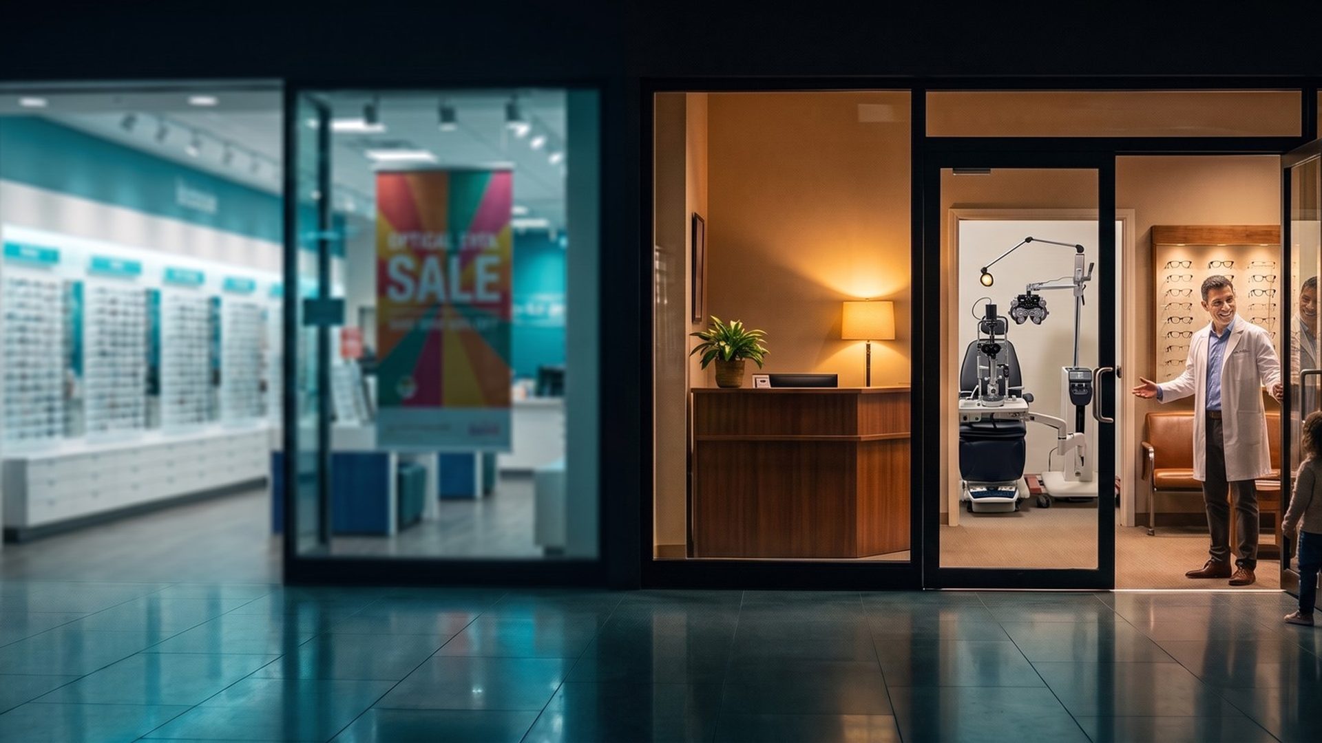 An optometrist in a white coat welcomes a mother and child into a warm independent eye care office in a shopping center, across from a bright optical chain store with a sale banner