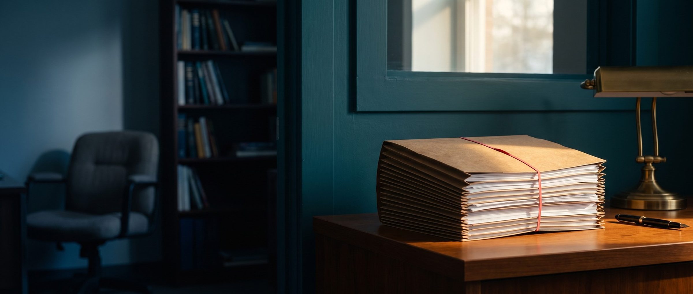 Morning sun across a wooden desk in a small accounting office: one thick kraft-paper expanding file, stuffed with years of papers and held shut by a red rubber band, beside a brass desk lamp and a fountain pen