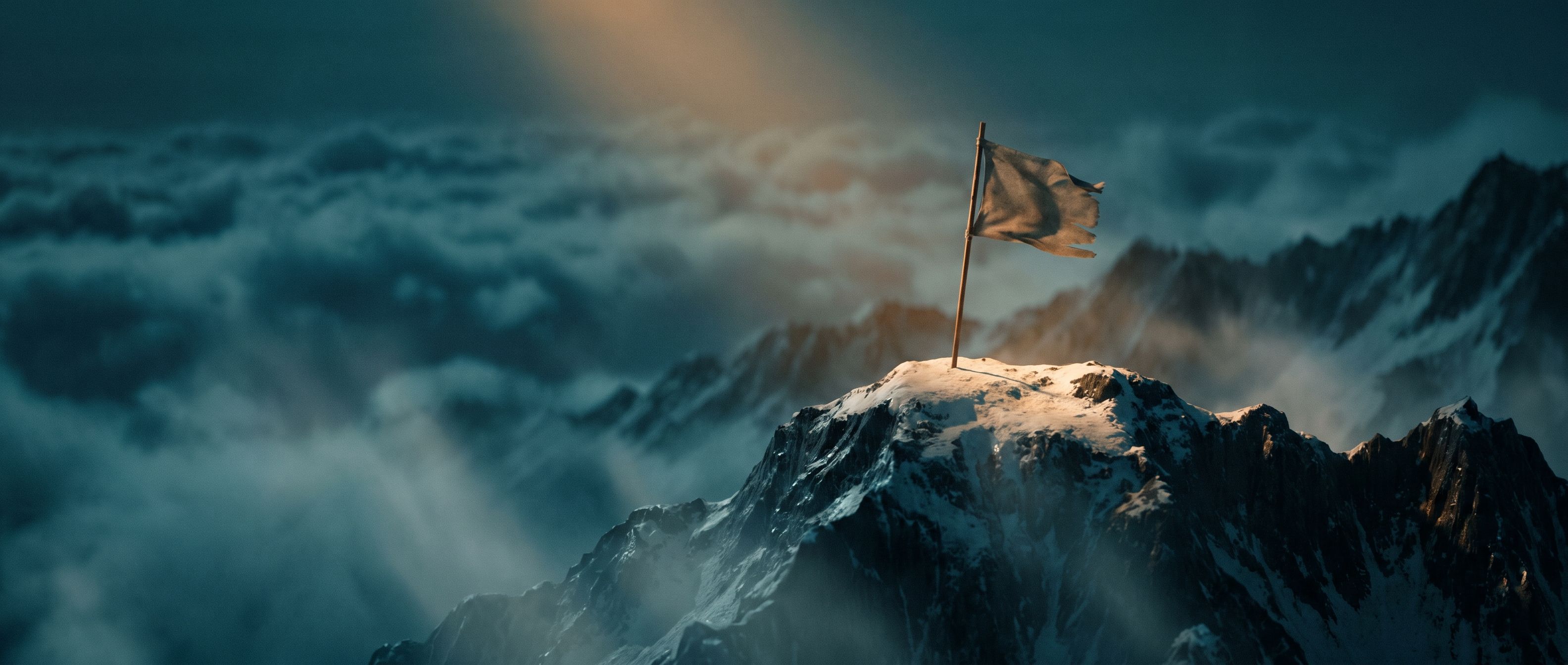 A single flag planted on a dramatic mountain summit at amber dawn, deep teal clouds in the valley below - the objective reached.