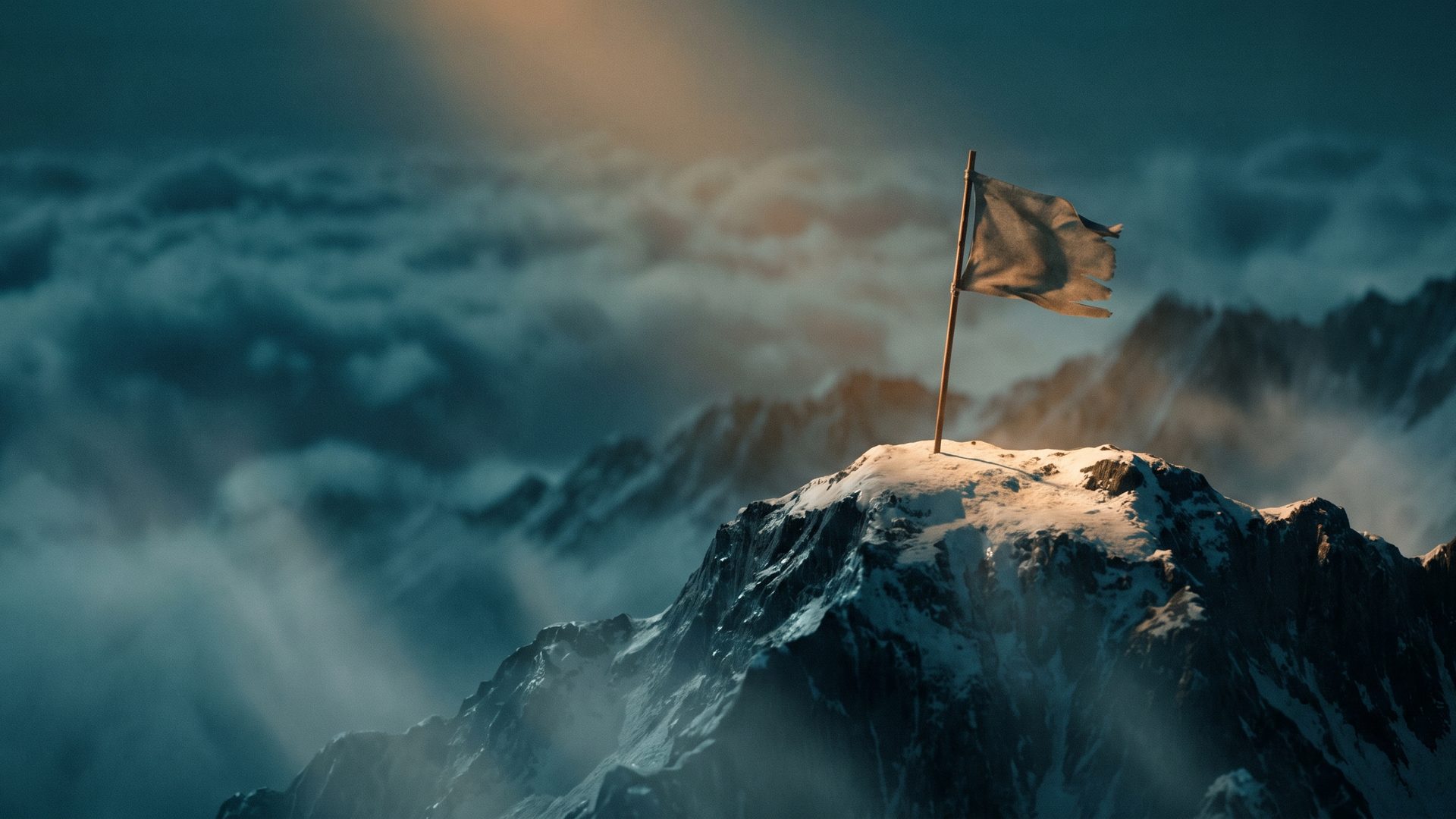 A single flag planted on a dramatic mountain summit at amber dawn, deep teal clouds in the valley below - the objective reached.