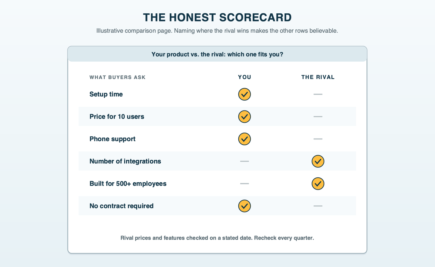 A comparison page mock-up with a scorecard table of six rows comparing your product and a rival: the rival wins two rows and your product wins four, and a line under the table says prices checked on a stated date