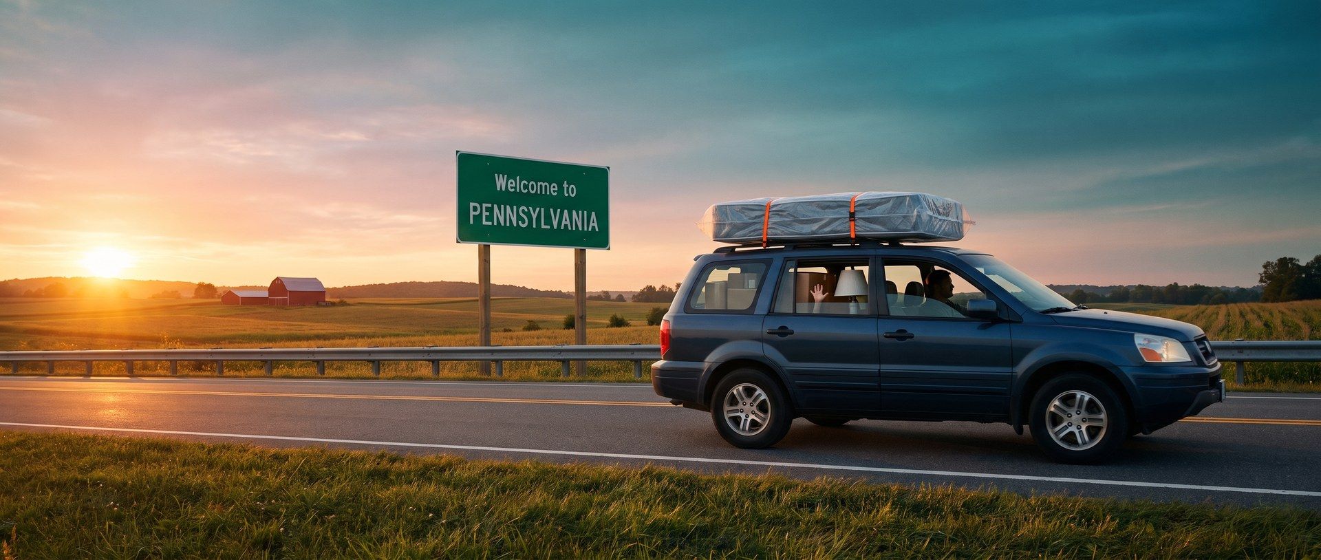 At sunset on a two-lane highway past farmland and a red barn, a packed navy SUV with a plastic-wrapped mattress strapped to its roof drives past a green Welcome to Pennsylvania sign, a child's hand pressed to the back window