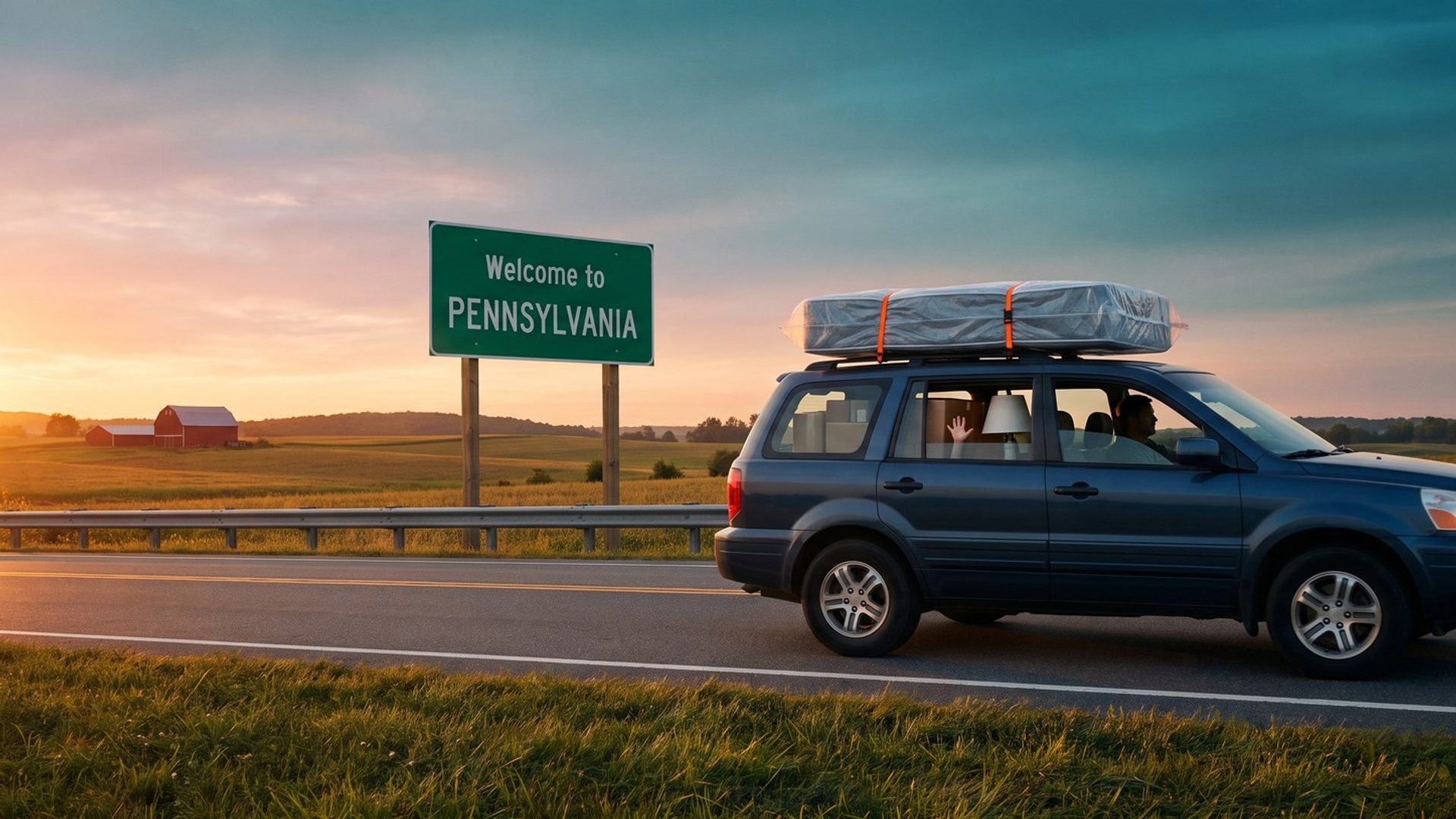 At sunset on a two-lane highway past farmland and a red barn, a packed navy SUV with a plastic-wrapped mattress strapped to its roof drives past a green Welcome to Pennsylvania sign, a child's hand pressed to the back window