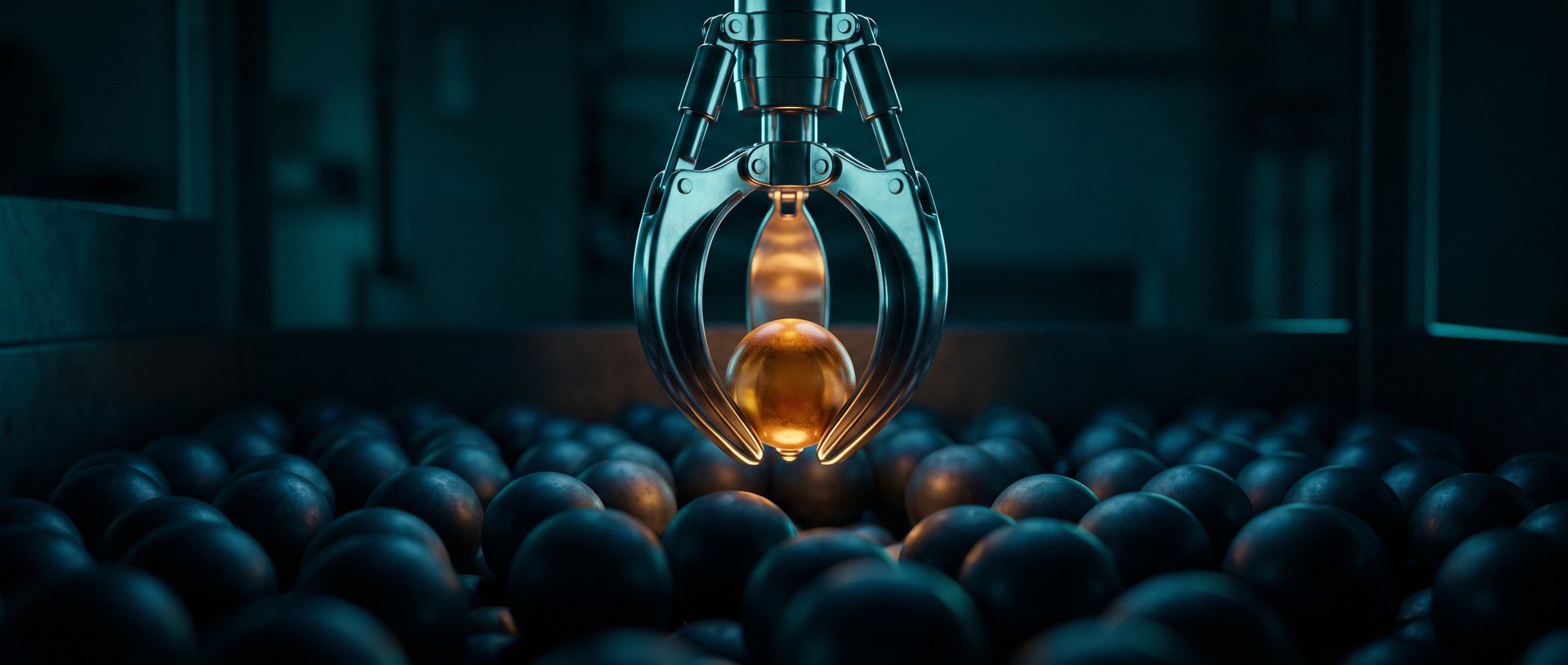 An industrial claw lifting a single glowing amber sphere out of a field of dark ones - Google Ads catching existing demand