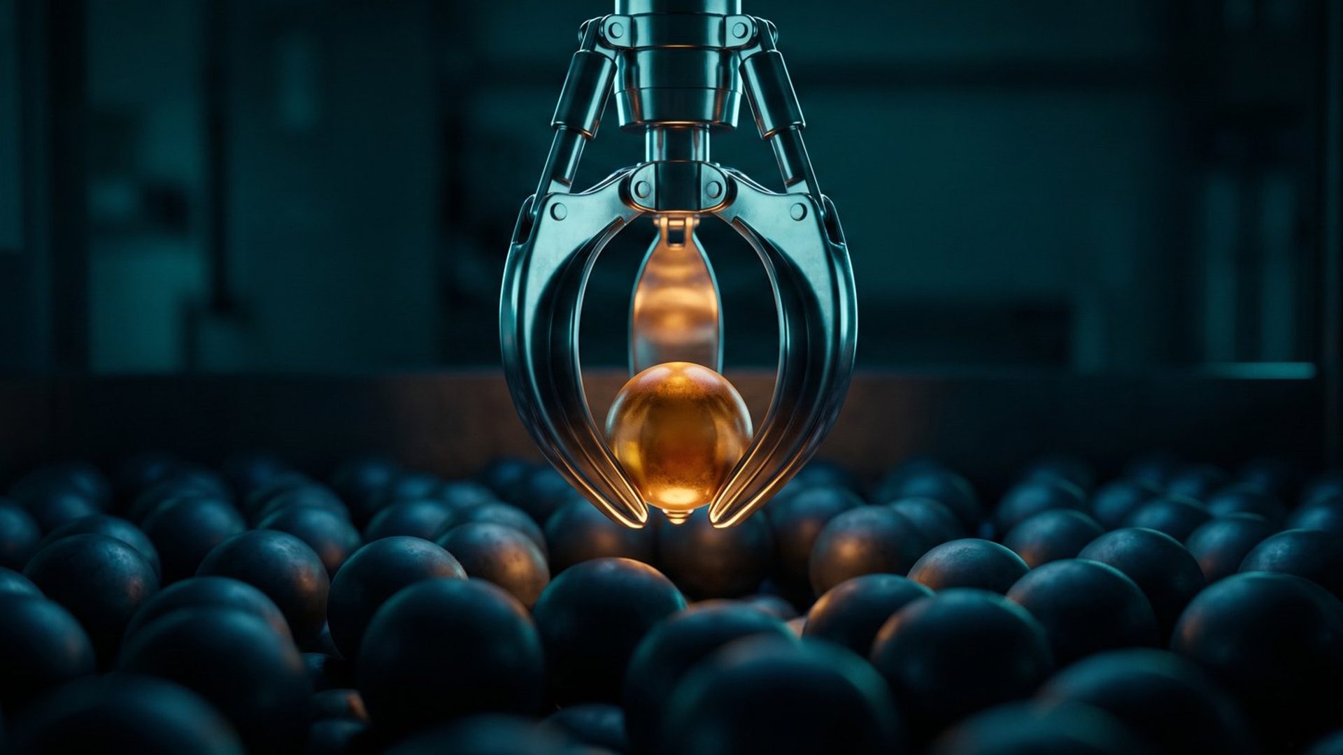 An industrial claw lifting a single glowing amber sphere out of a field of dark ones - Google Ads catching existing demand