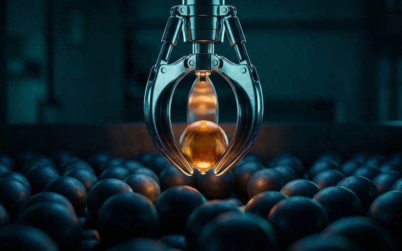An industrial claw lifting a single glowing amber sphere out of a field of dark ones - Google Ads catching existing demand