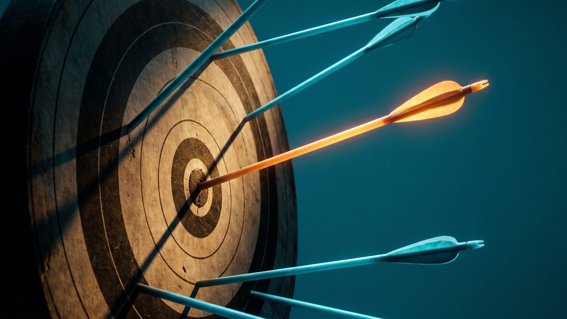 An amber arrow in the center of a bullseye while cool blue arrows miss