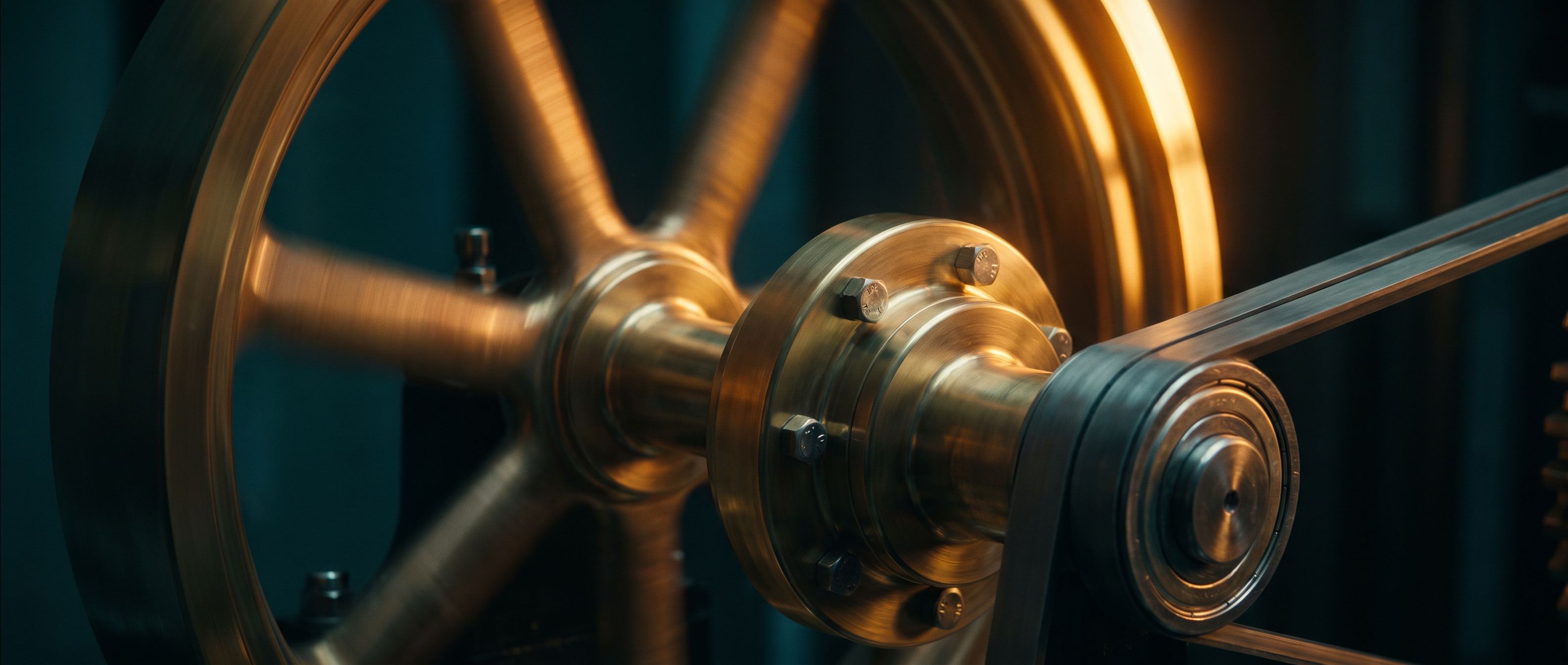 A polished brass flywheel spinning on its shaft with a drive belt running off it, spokes blurred with rotation, lit warm amber against deep teal