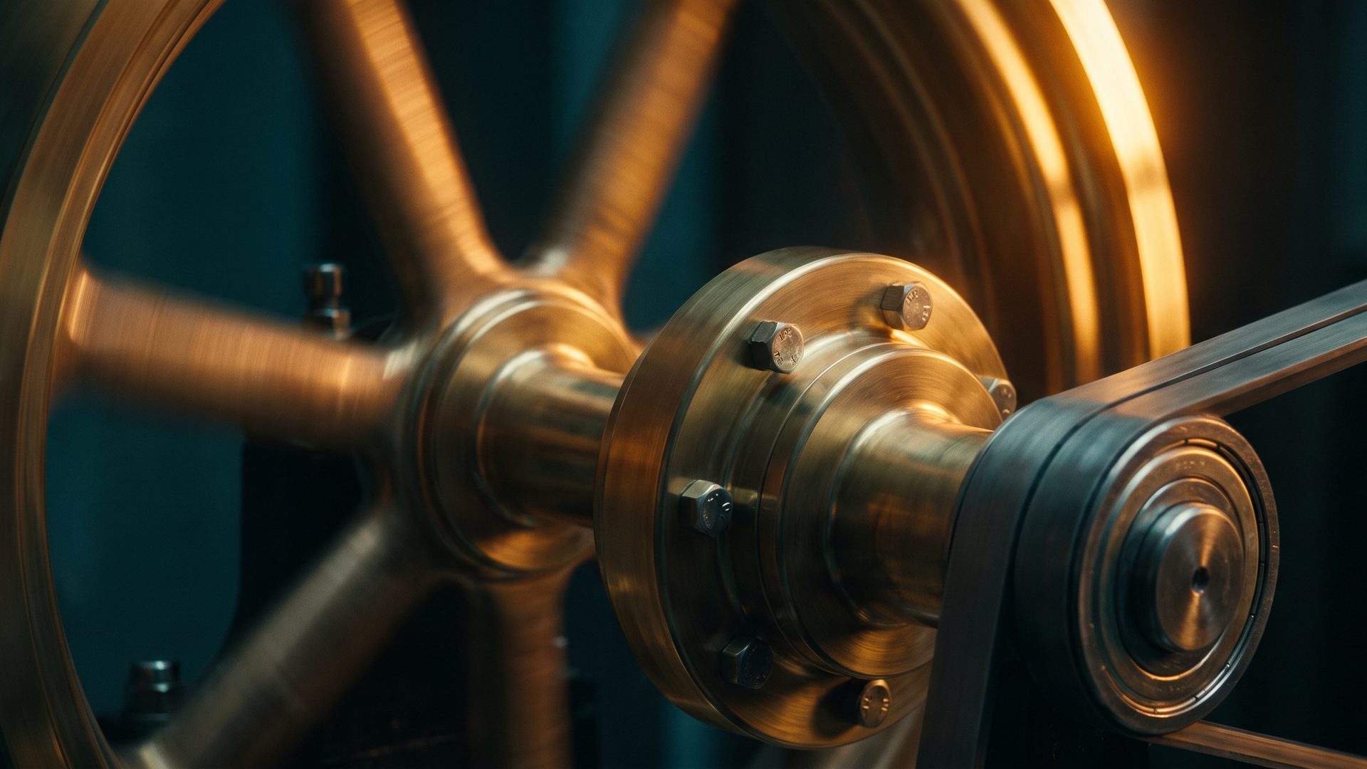 A polished brass flywheel spinning on its shaft with a drive belt running off it, spokes blurred with rotation, lit warm amber against deep teal