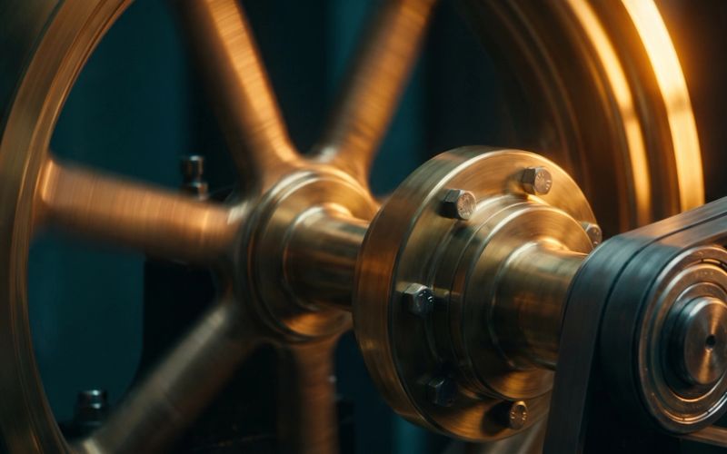 A polished brass flywheel spinning on its shaft with a drive belt running off it, spokes blurred with rotation, lit warm amber against deep teal