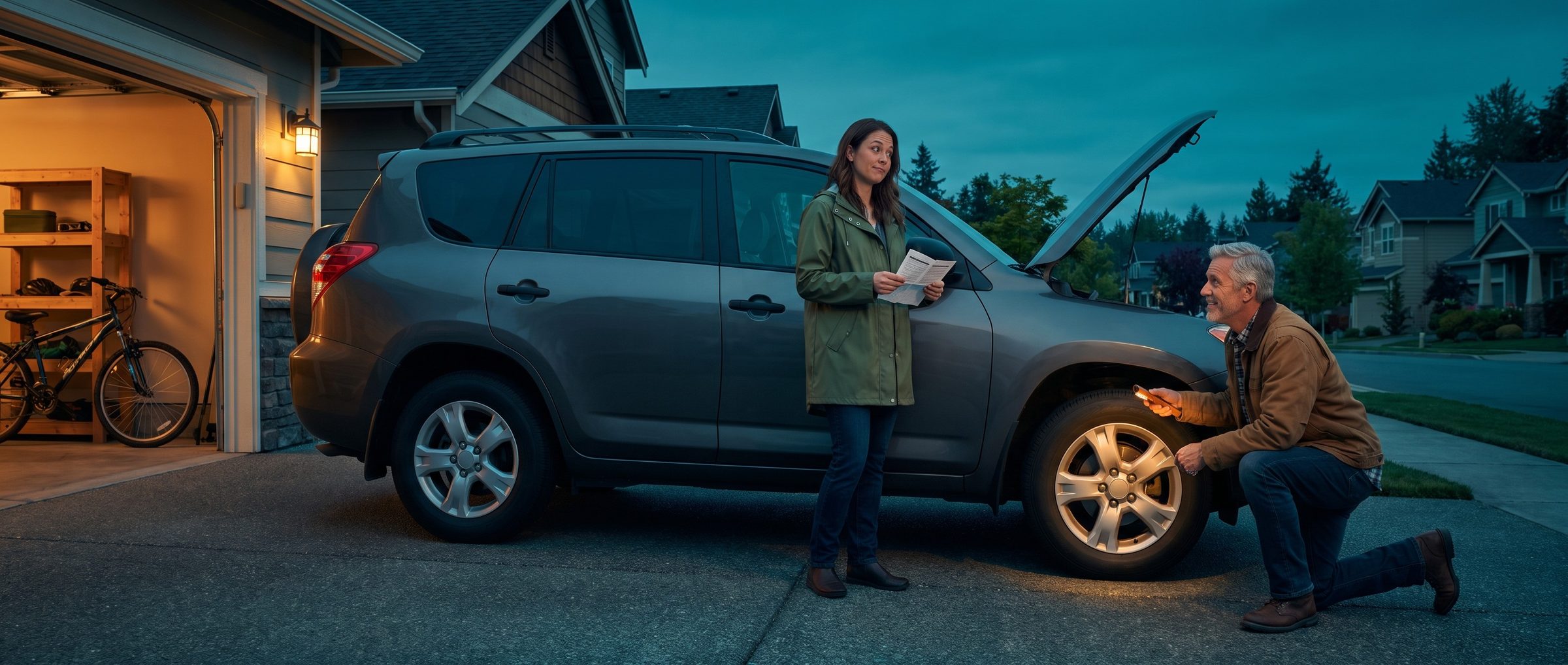 In a driveway at dusk, a gray-haired neighbor kneels at an SUV's front wheel with a flashlight while the owner, holding a printed repair quote, listens beside the car with its hood up