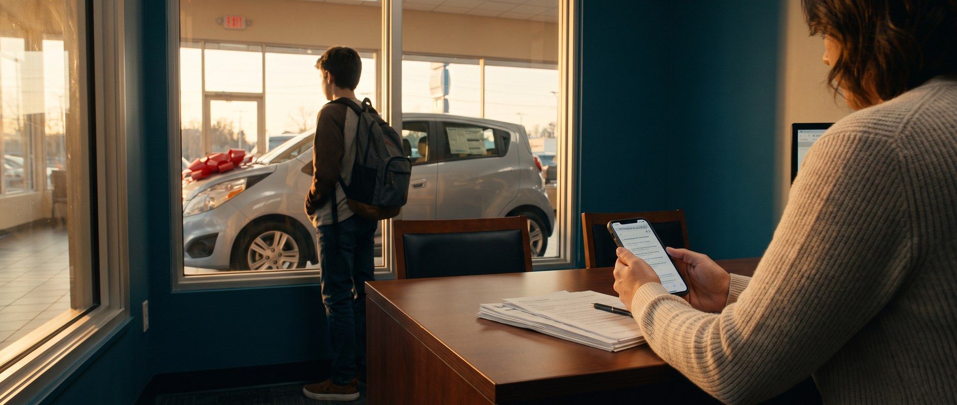 In a car dealership finance office, a parent at the desk with purchase paperwork searches car insurance for new drivers on a phone while a teenager with a backpack looks out the window at a new silver car with a red bow