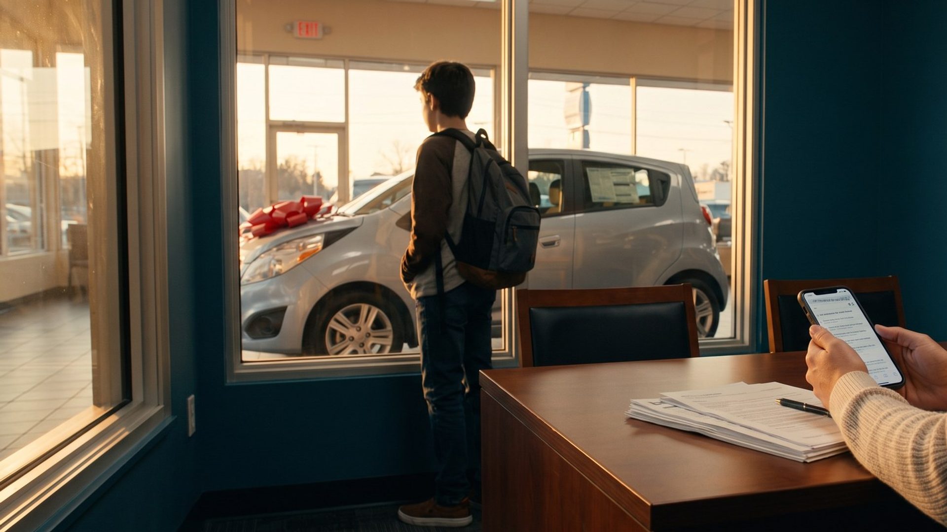 In a car dealership finance office, a parent at the desk with purchase paperwork searches car insurance for new drivers on a phone while a teenager with a backpack looks out the window at a new silver car with a red bow