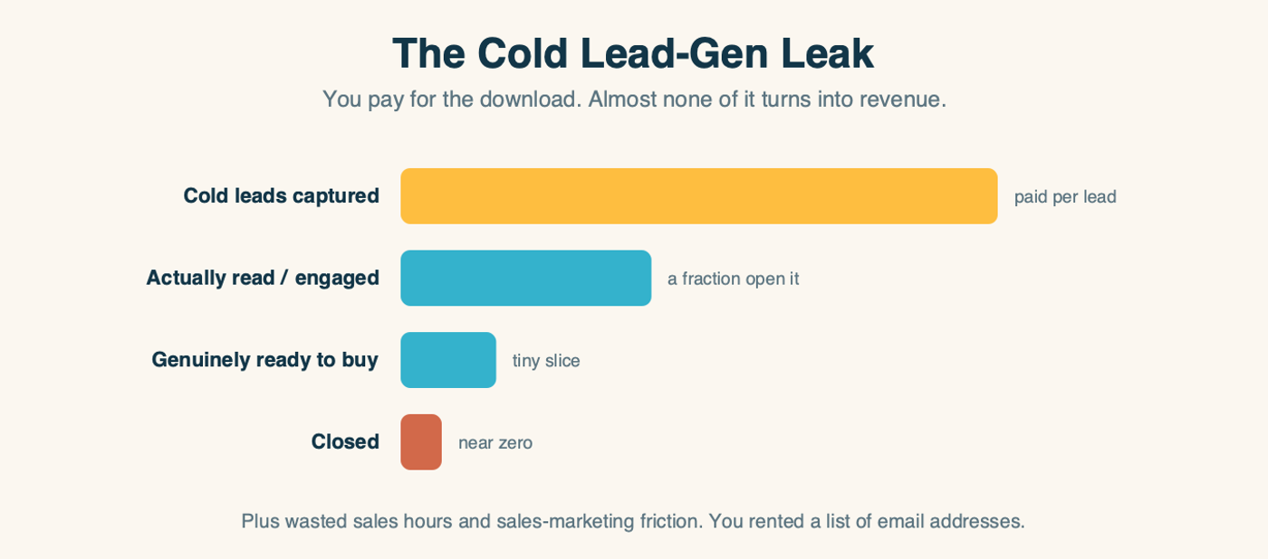 A shrinking funnel of horizontal bars. Cold leads captured, paid per lead, is the widest bar. Actually read or engaged, a fraction open it, is much smaller. Genuinely ready to buy, a tiny slice, is smaller still. Closed, near zero, is a stub. Plus wasted sales hours and sales-marketing friction, you rented a list of email addresses.