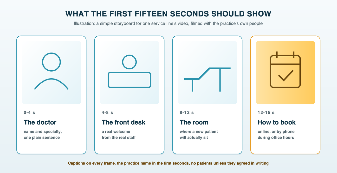 What the first fifteen seconds should show: an illustrated four-frame storyboard with the doctor introducing themselves, the front desk, the exam room a patient will sit in, and a final frame on how to book