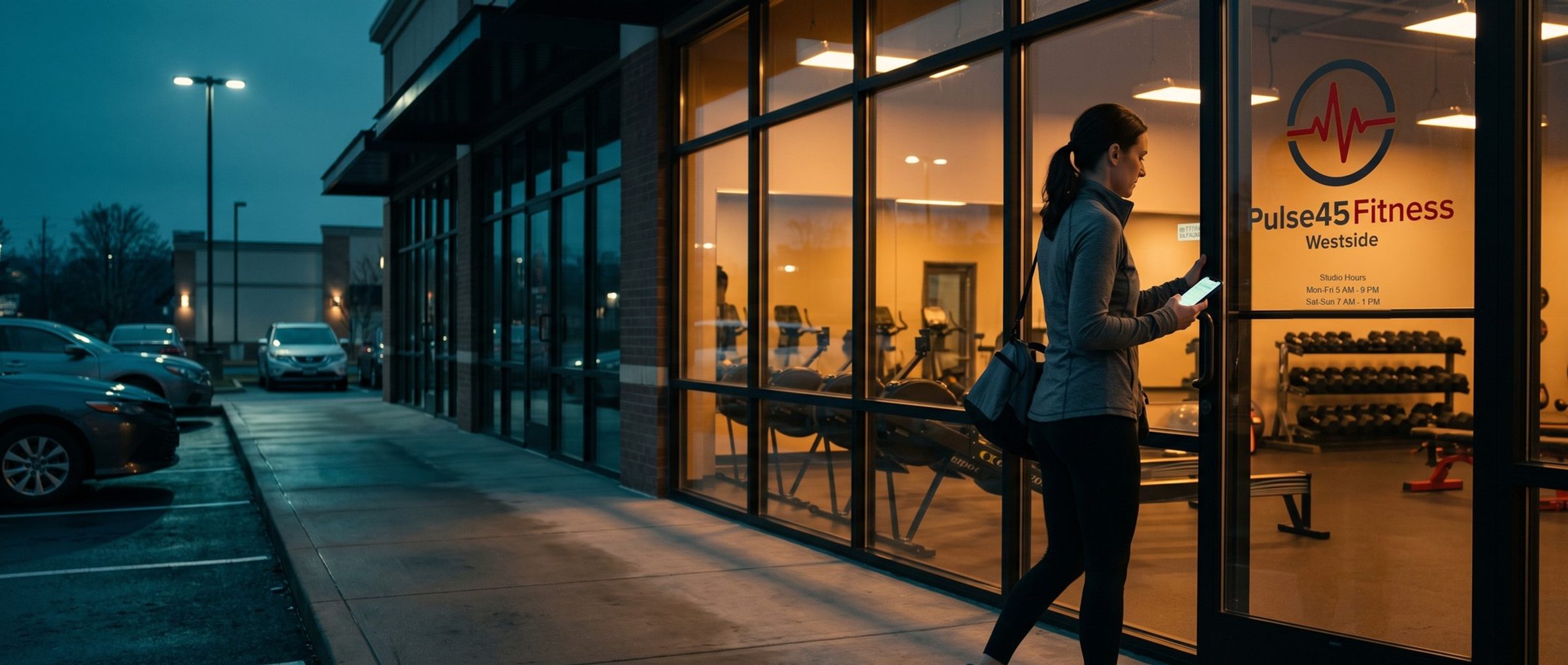 A woman in workout clothes pulls open the glass door of a Pulse45 Fitness studio at dawn, holding her phone with a class confirmation, the studio lights on inside