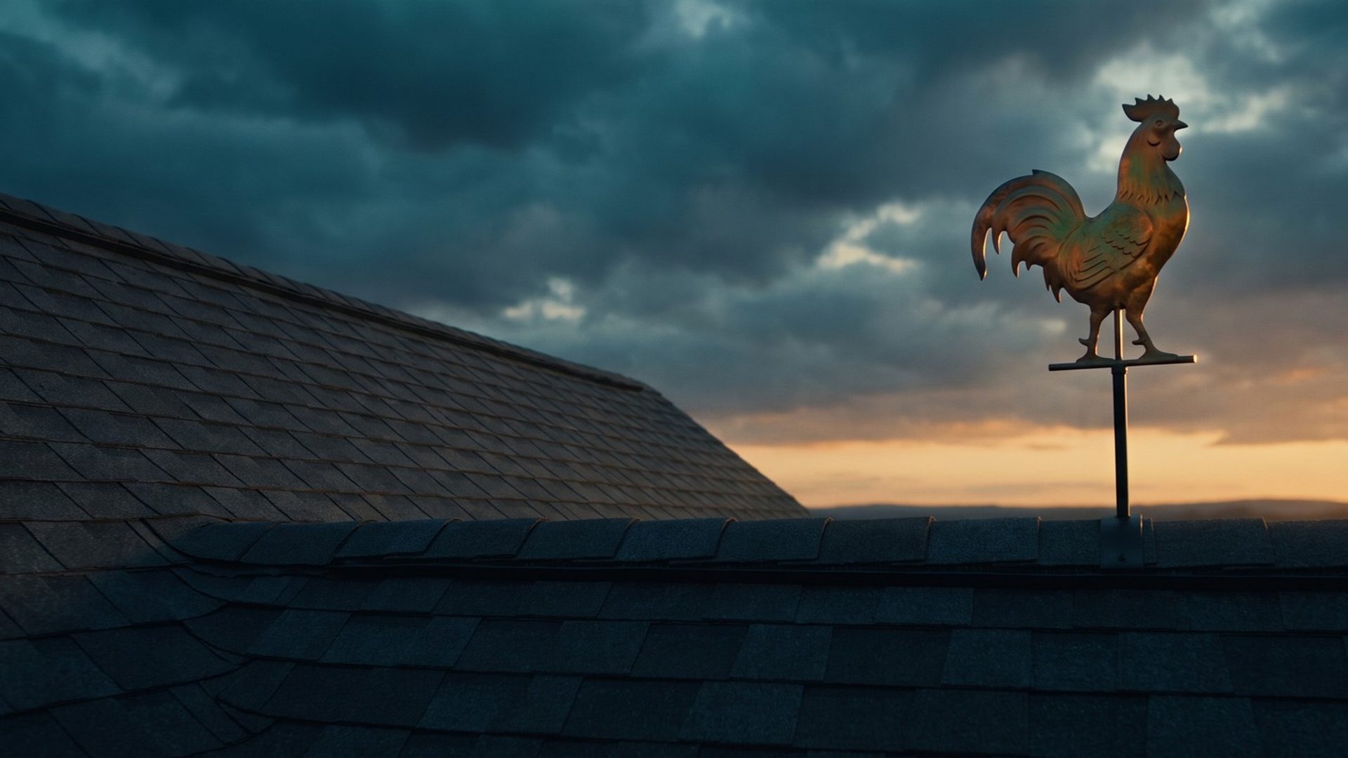 A copper rooster weathervane on a plain black rod stands on the ridge of a charcoal shingle roof, dark teal storm clouds breaking over an amber sunset behind it