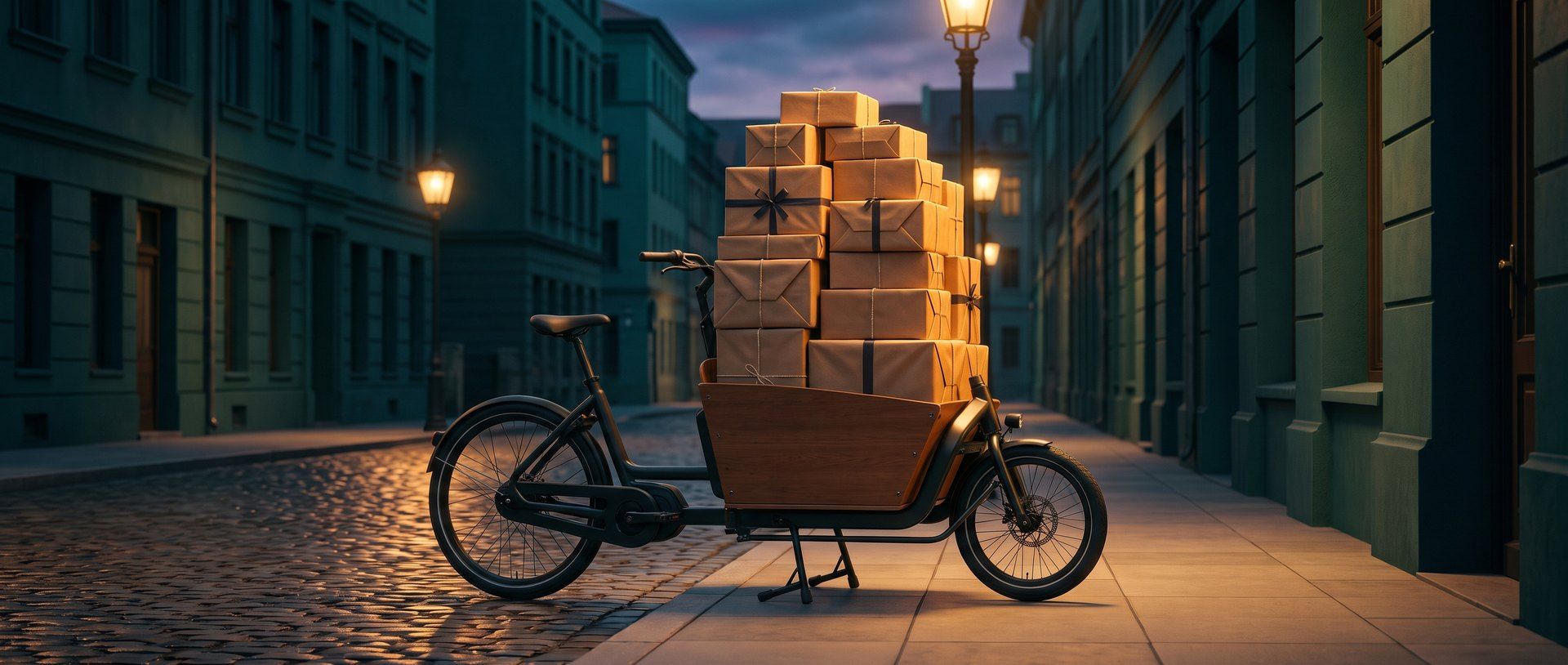 A delivery cargo bike loaded high with neatly wrapped packages on a warm-lit dusk street - one order made much bigger.