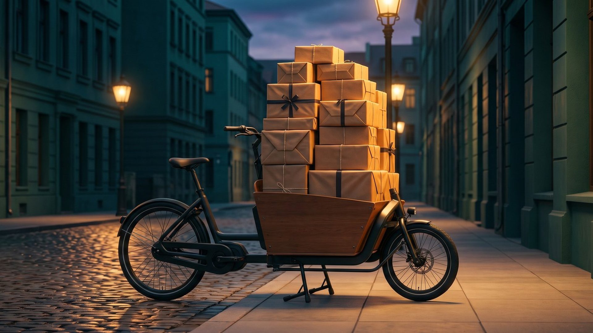 A delivery cargo bike loaded high with neatly wrapped packages on a warm-lit dusk street - one order made much bigger.